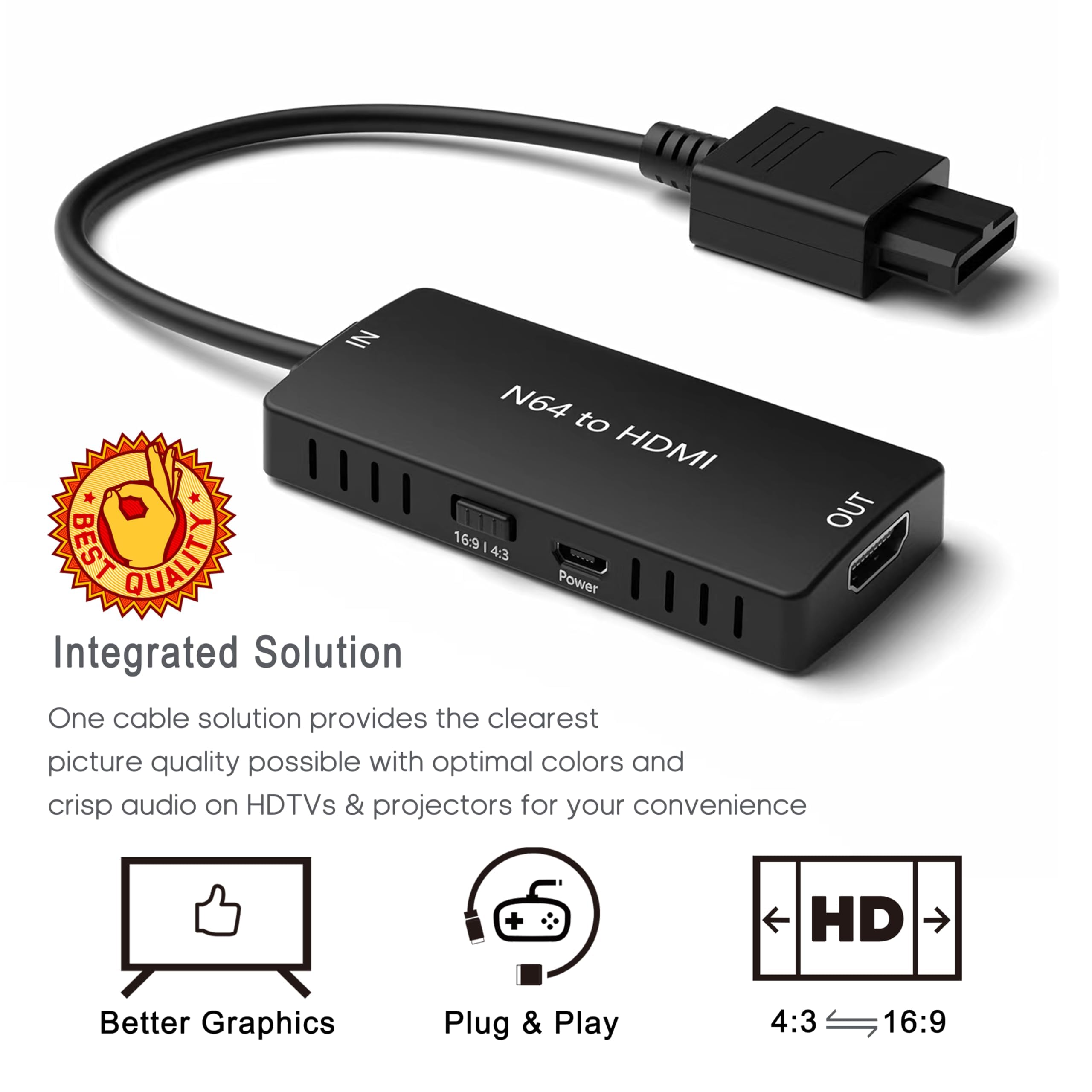 Premium 3-in-1 HDMI Adapter for GameCube, N64 & SNES - HD Link Cable with S-Video Output, 4:3/16:9 Aspect Ratio Switch - Enhanced Video Quality for Retro Gaming on Modern TVs - Perfect for Classic Console Enthusiasts and Gaming Collectors