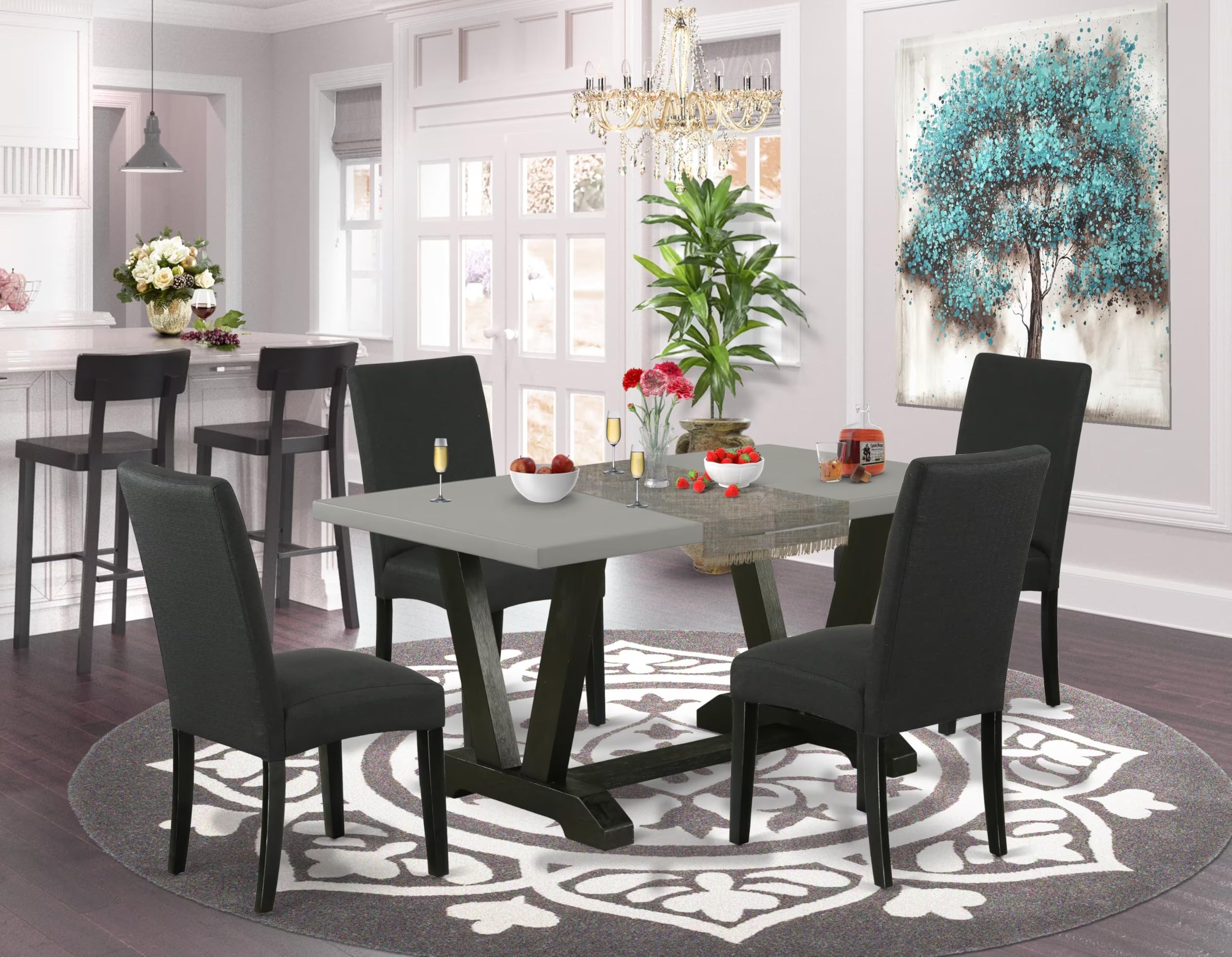 East West Furniture 5-Piece Kitchen Table Set for 4 - 36x60 Inch Rectangle Dining Table with V-Legs & 4 Black Linen Upholstered Chairs - Multi-Color Modern Dining Room Furniture for Small Spaces, Breakfast Nooks, and Apartment Living
