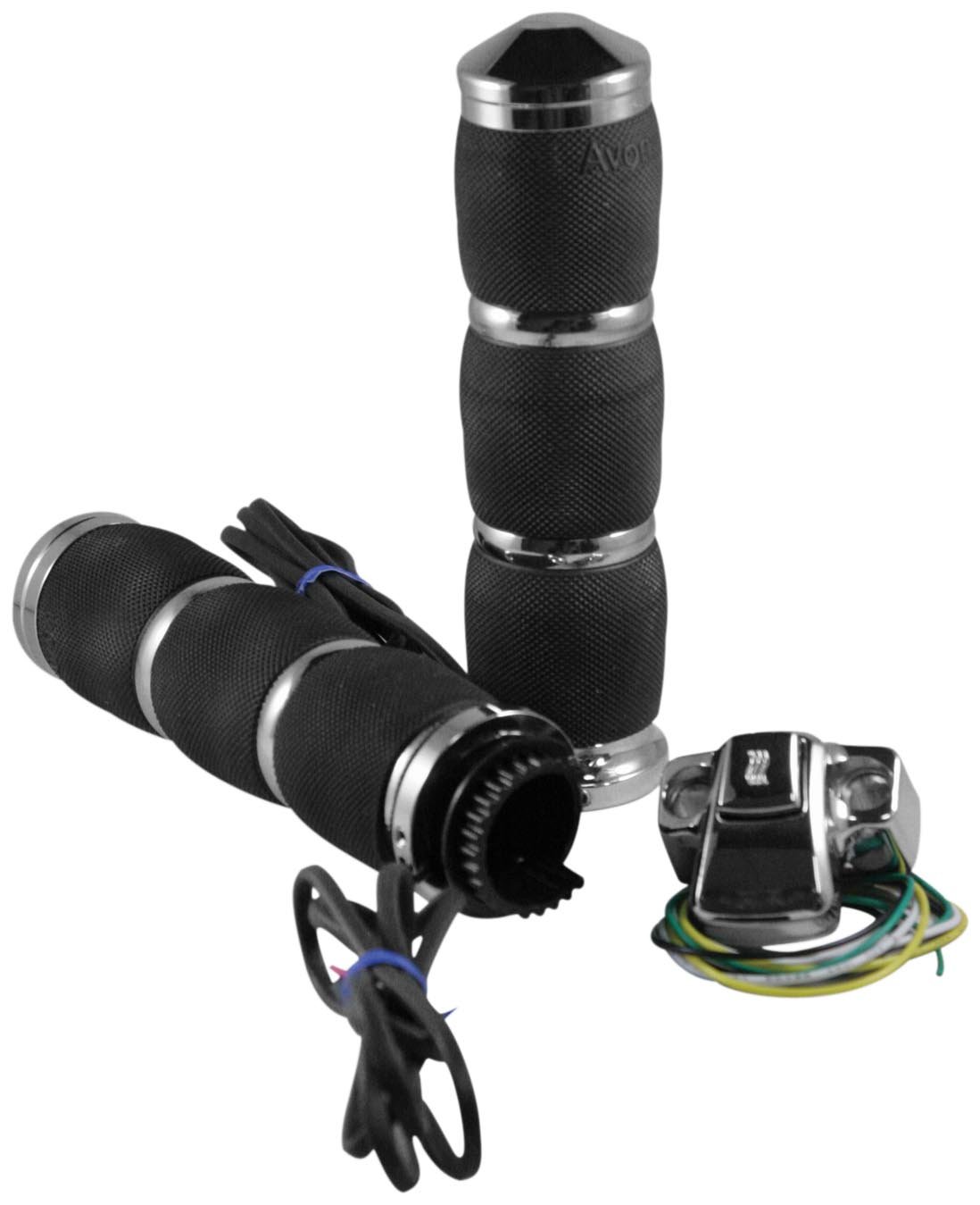 Avon Chrome Custom Contour Heated Motorcycle Grips with Spiked End Caps - Premium Comfort for Cruiser Bikes in Cold Weather Riding