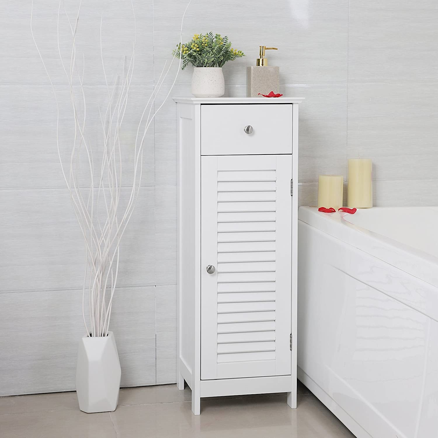 White Wooden Bathroom Floor Cabinet with Drawer & Shutter Door - Storage Organizer Set for Towels, Toiletries & Bath Essentials | Space-Saving Bathroom Furniture for Small Spaces