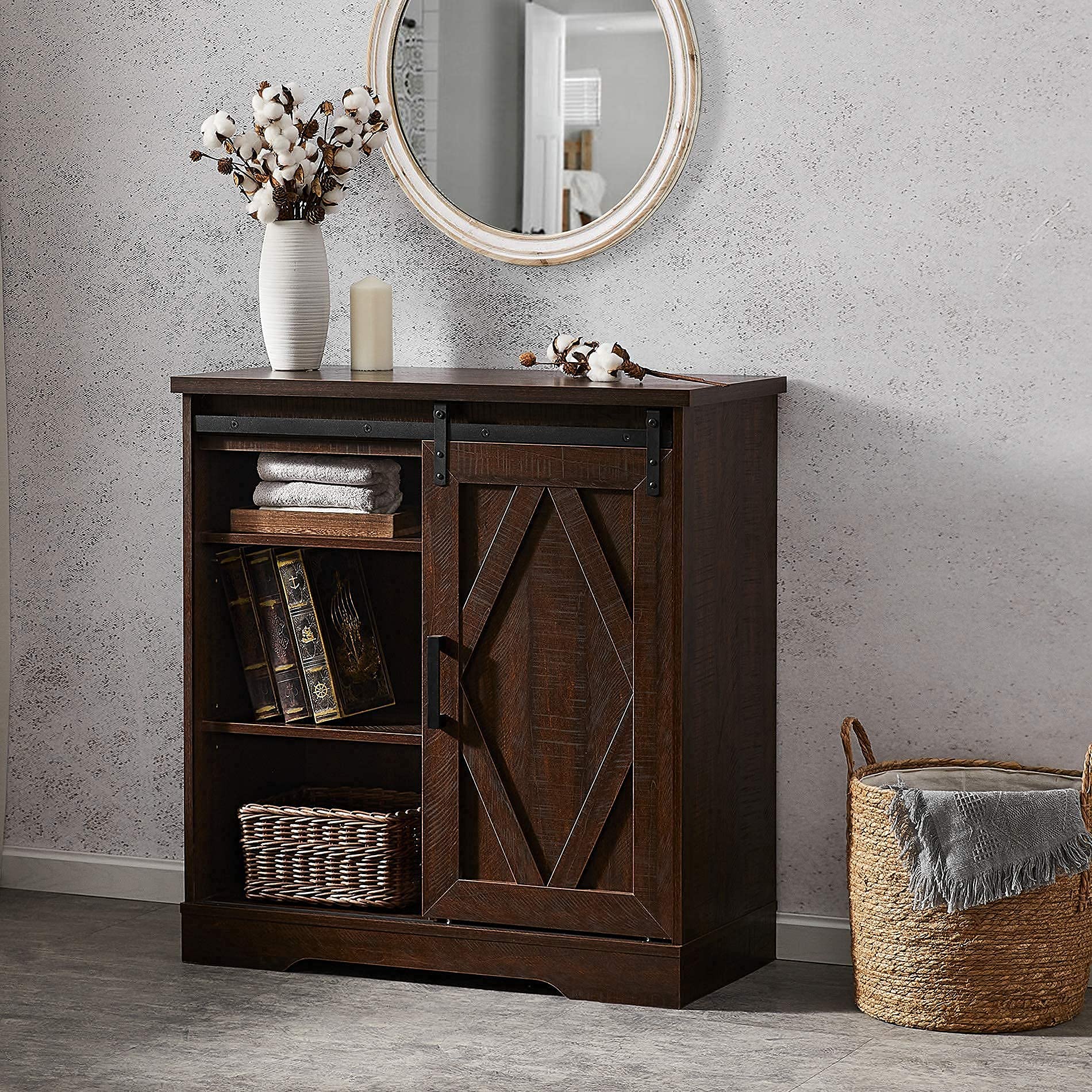 Rustic Farmhouse Wood Accent Chest Cabinet with Sliding Barn Door - 35
