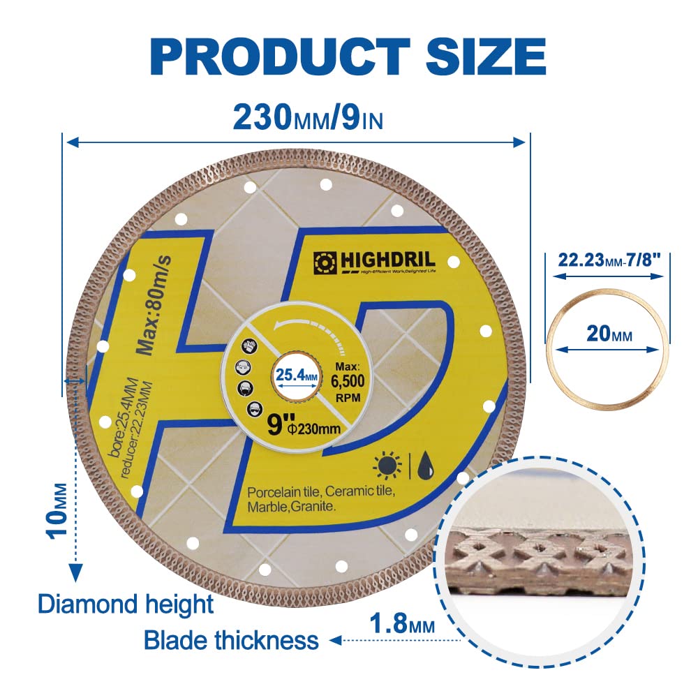 HIGHDRIL 9 Inch Diamond Saw Blade Set - 3 Pack Turbo X Mesh Diamond Tile Cutting Disc for Porcelain, Ceramic, Granite & Marble (Wet/Dry Use) - Perfect for Home Renovation, Tile Installation & Masonry Projects