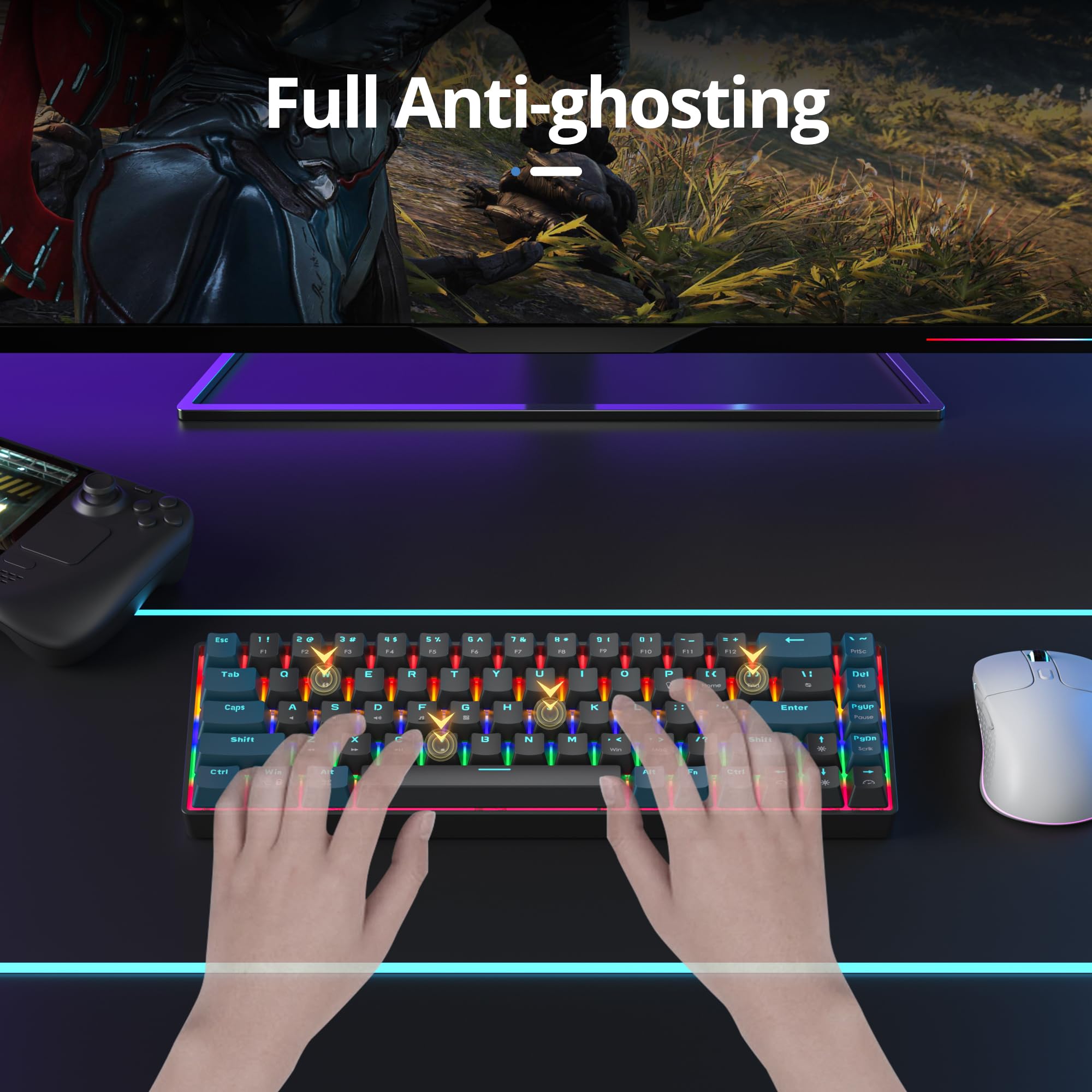 65% Mechanical Gaming Keyboard with Linear Red Switches - Compact Wired 60% Keyboard with RGB Backlit for PC, Laptop Gamers | Perfect for FPS, MOBA & Typing | Surmen 68-Key Mini Keyboard (Monster B-Rainbow Edition)
