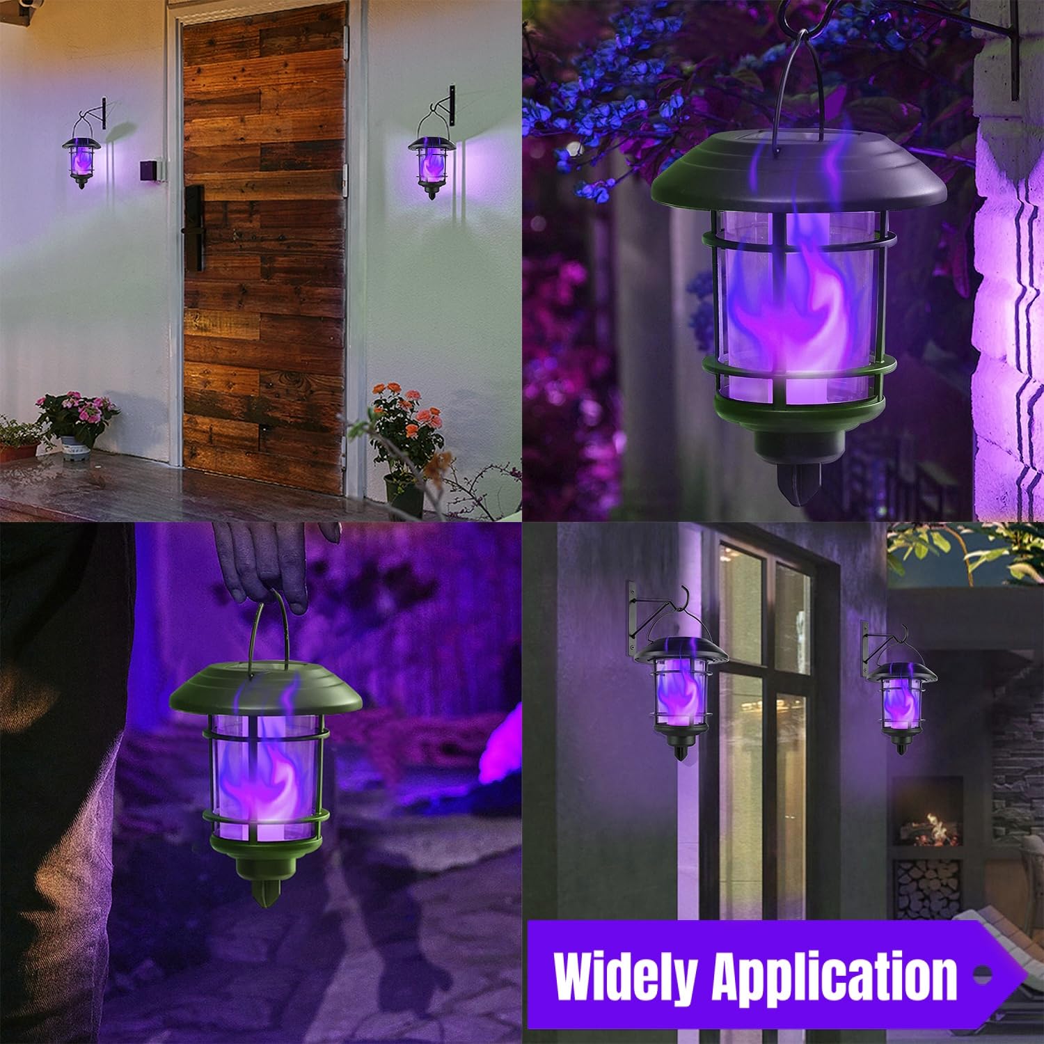 Dynaming Solar Purple Flame Wall Lanterns - 4 Pack Outdoor Halloween LED Hanging Lights with Auto On/Off, Waterproof Flickering Flame Sconce for Garage, Stair, Patio, Porch - Perfect for Spooky Decor & Pathway Lighting