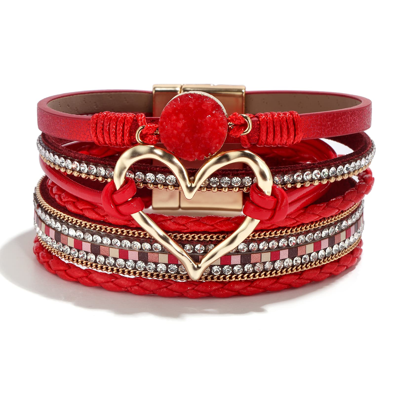 Stylish Heart Bracelets for Women - Boho Leather Wrap Bracelets, Trendy Layered Chunky Stackable Jewelry, Perfect Valentine's Day Gifts for Her | Great for Everyday Wear, Gift Giving & Special Occasions | Ideal for Date Nights, Office Wear & Boho Fashion Outfits