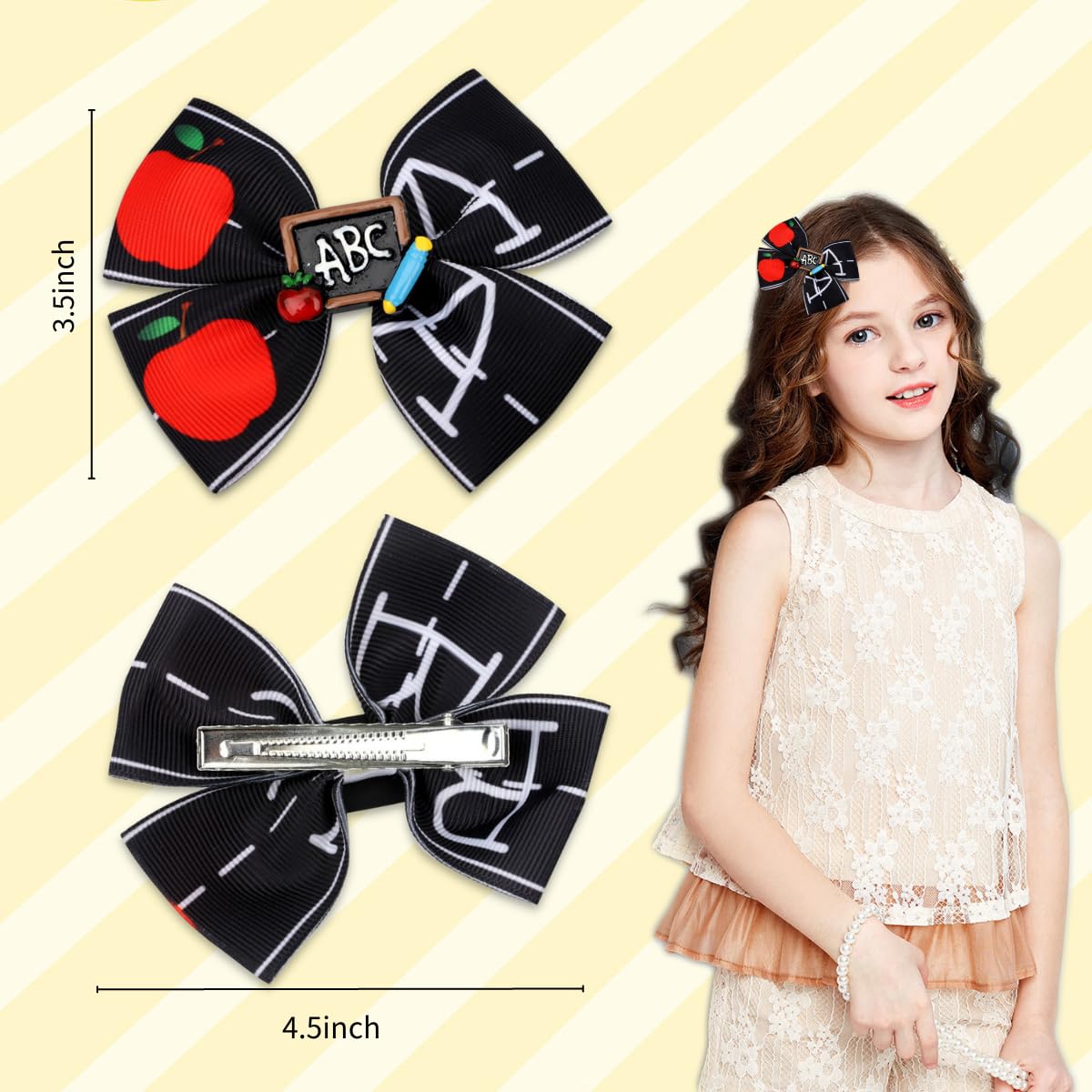 Elegant Bow Hair Clips for Girls - 2PCS Cute Hair Accessories with Fruit, Pencil & Letter Designs - Perfect for School, Parties & Hair Styling - French Tip Hairpins for Elegant Hair Decorations
