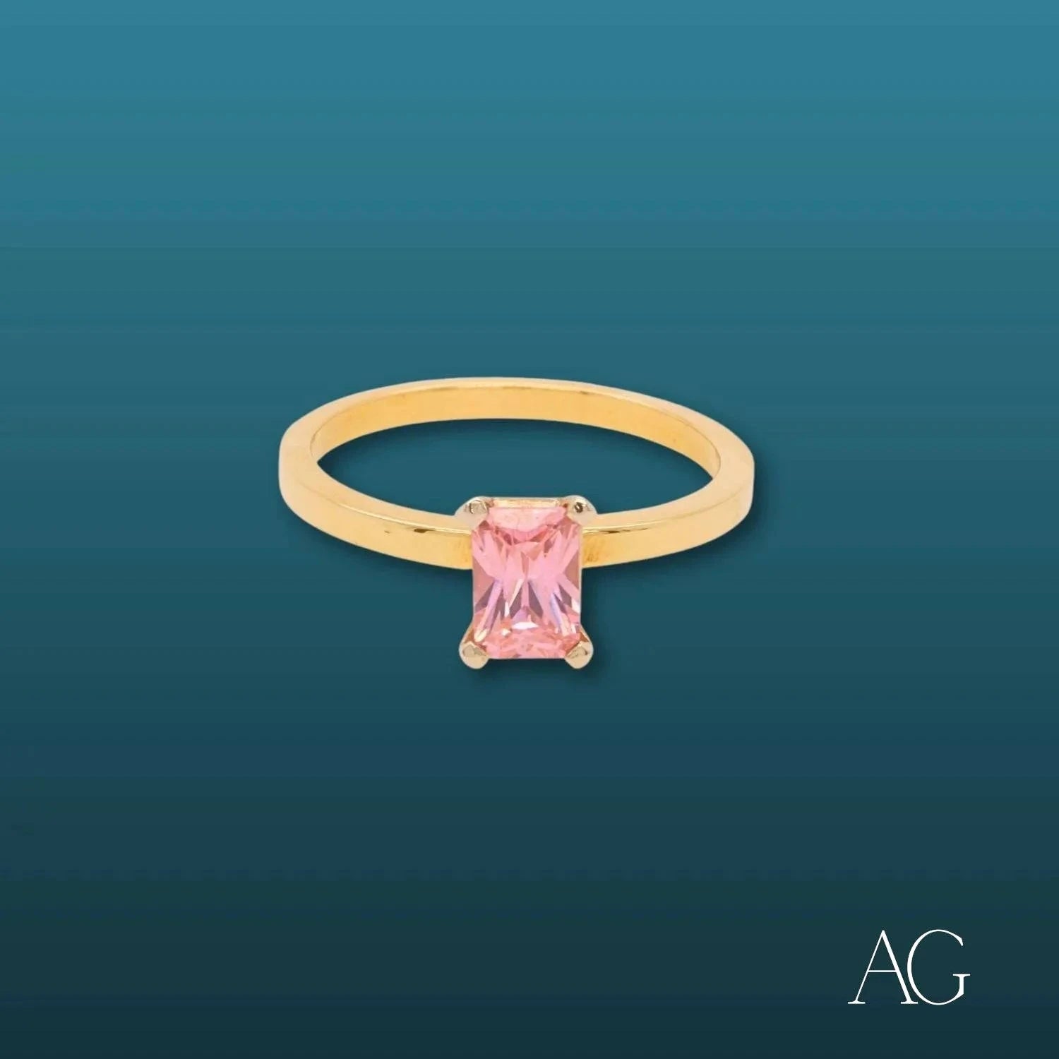 18K Gold CZ Pink Rectangular Ring for Women - Elegant Cubic Zirconia Engagement, Wedding, Anniversary Jewelry Gift