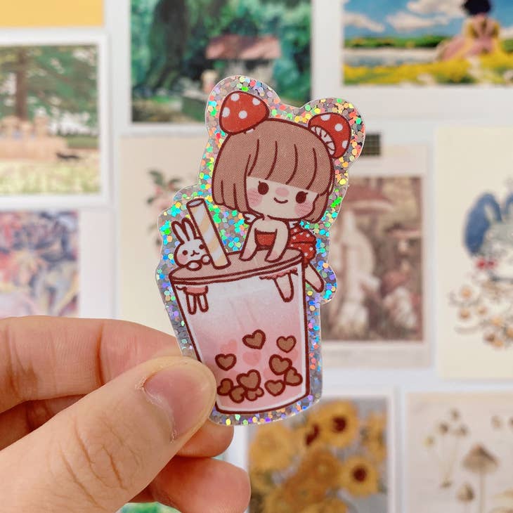 Bubble Tea & Mushroom Girl Cute Vinyl Stickers - Waterproof Decals for Laptops, Water Bottles, Journals & DIY Crafts