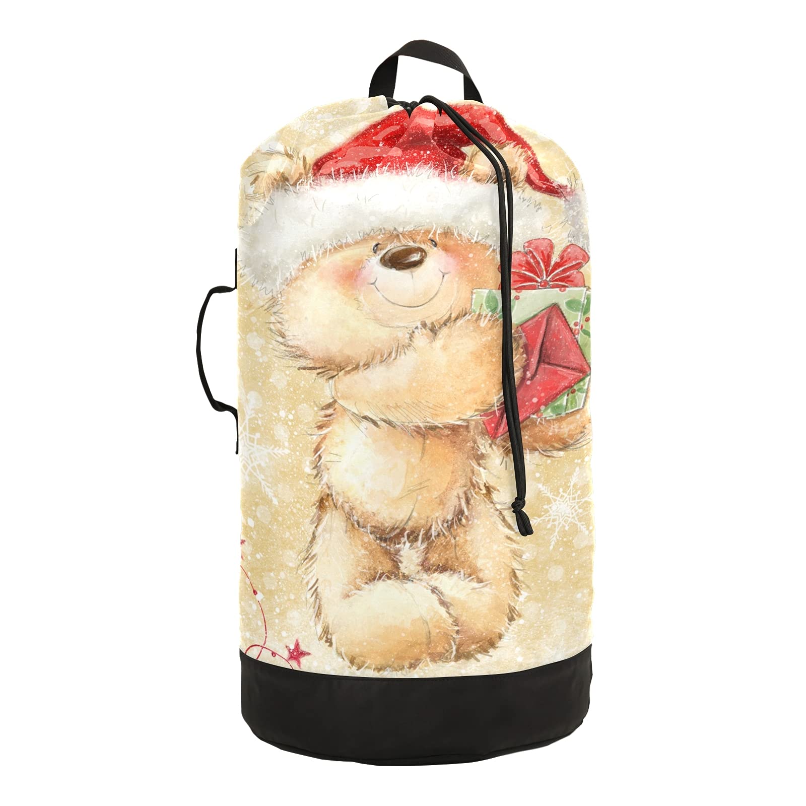 Teddy Bear in Santa Hat Laundry Backpack - Drawstring Closure Clothes Hamper for College, Travel & Apartment - Perfect for Dorm Rooms, Laundromats & Holiday Gifts