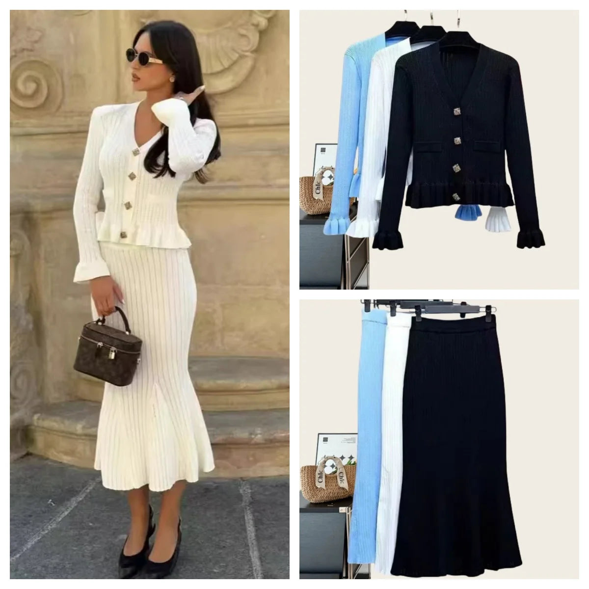 Vintage Women's Long Sleeve Ruffled Cardigan & High Waist Wrap Fishtail Skirt 2-Piece Set - Autumn Winter Knit Sweater Outfit for Casual Wear, Office, Date Night