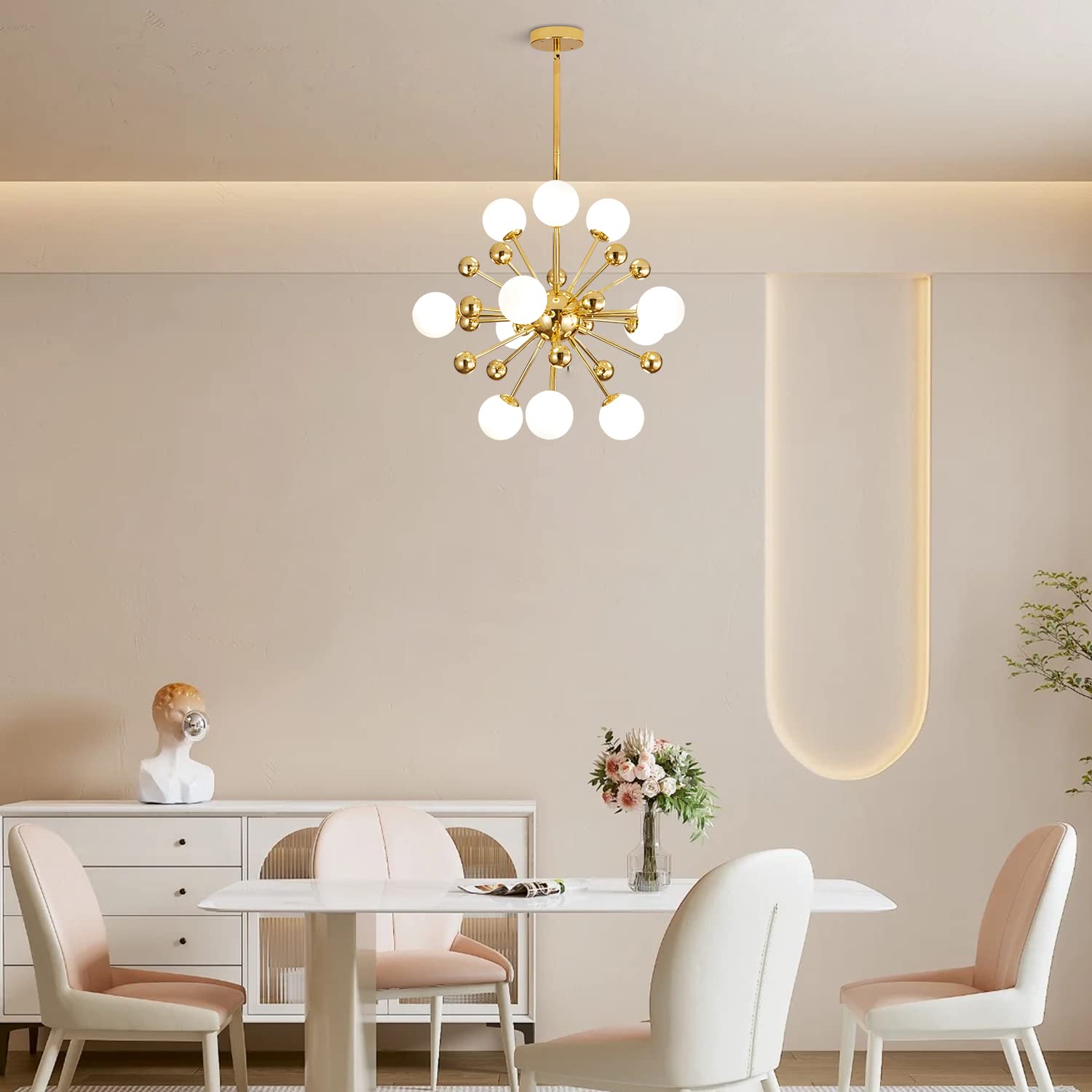 KCO Lighting Sputnik Chandelier - Gold Mid Century Modern Hanging Pendant Light with Frosted Glass - 11-Light Ceiling Fixture for Living Room, Dining Room, Entryway & Bedroom Lighting Decor