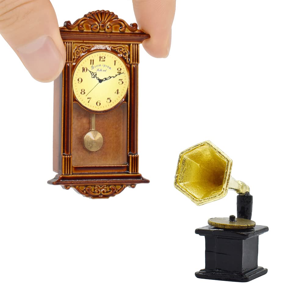 1:12 Scale Miniature Dollhouse Accessories - Vintage Grandfather Wall Clock & Retro Record Player Set, Elf Decor for Christmas Displays - Perfect for DIY Dollhouse, Fairy Garden, and Holiday Scene Decoration