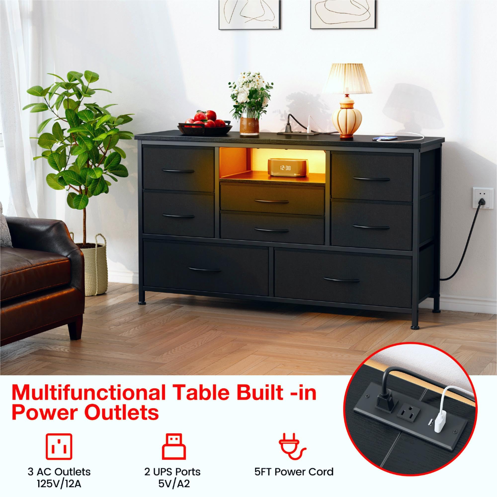 Jojoka 8-Drawer TV Stand with Power Outlet & LED Lights for 55-Inch TVs - Long Wooden Dresser for Bedroom Storage - Wide Console Table with Deep Drawers for Living Room, Entryway & Closet Organization - Perfect for Home Entertainment & Storage Solutions