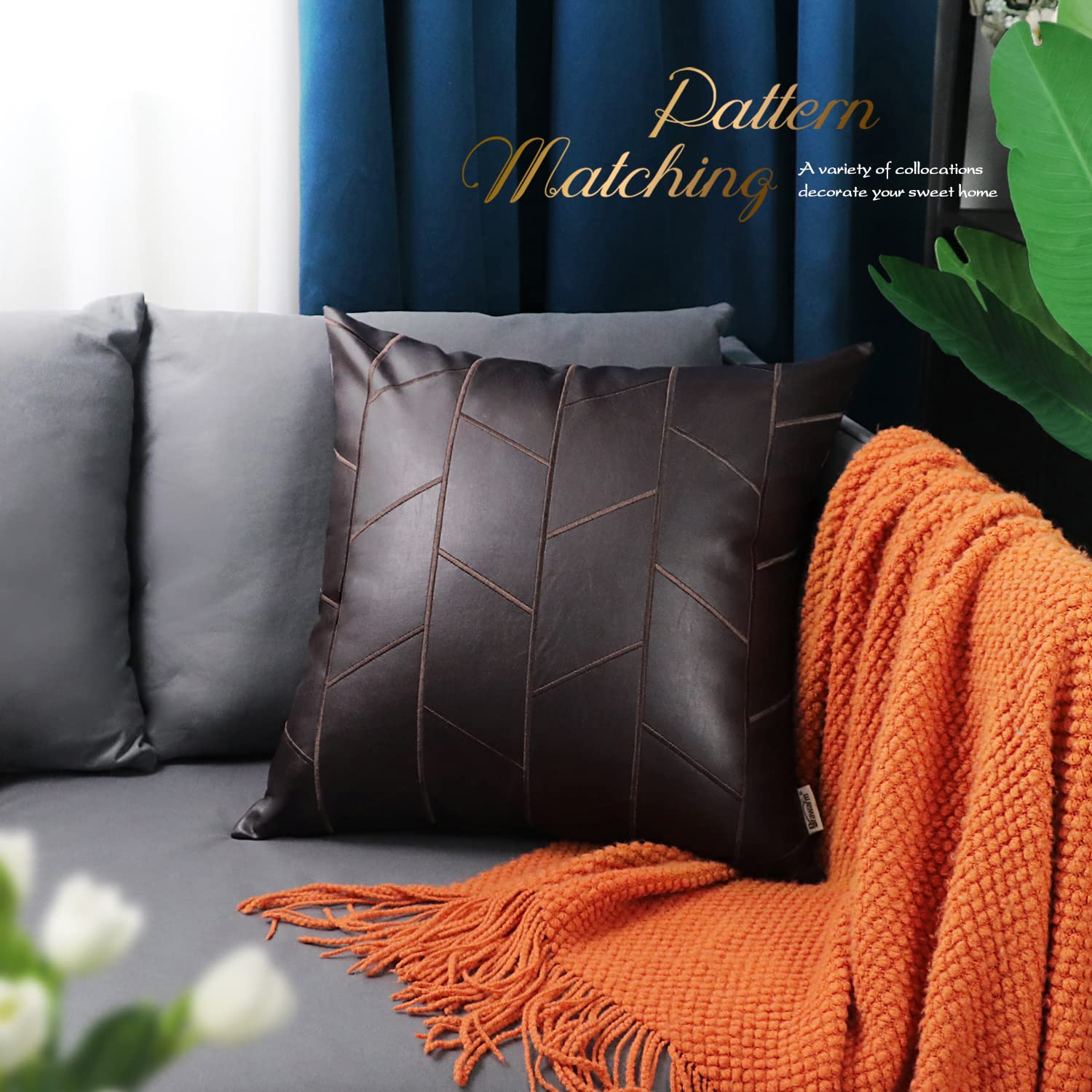 BRAWARM 16x16 Inch Faux Leather Pillow Covers Set of 2 - Brown Geometric Embroidery Decorative Throw Pillows for Couch, Sofa, Bed & Living Room - Home Decor Accent for Modern & Farmhouse Style