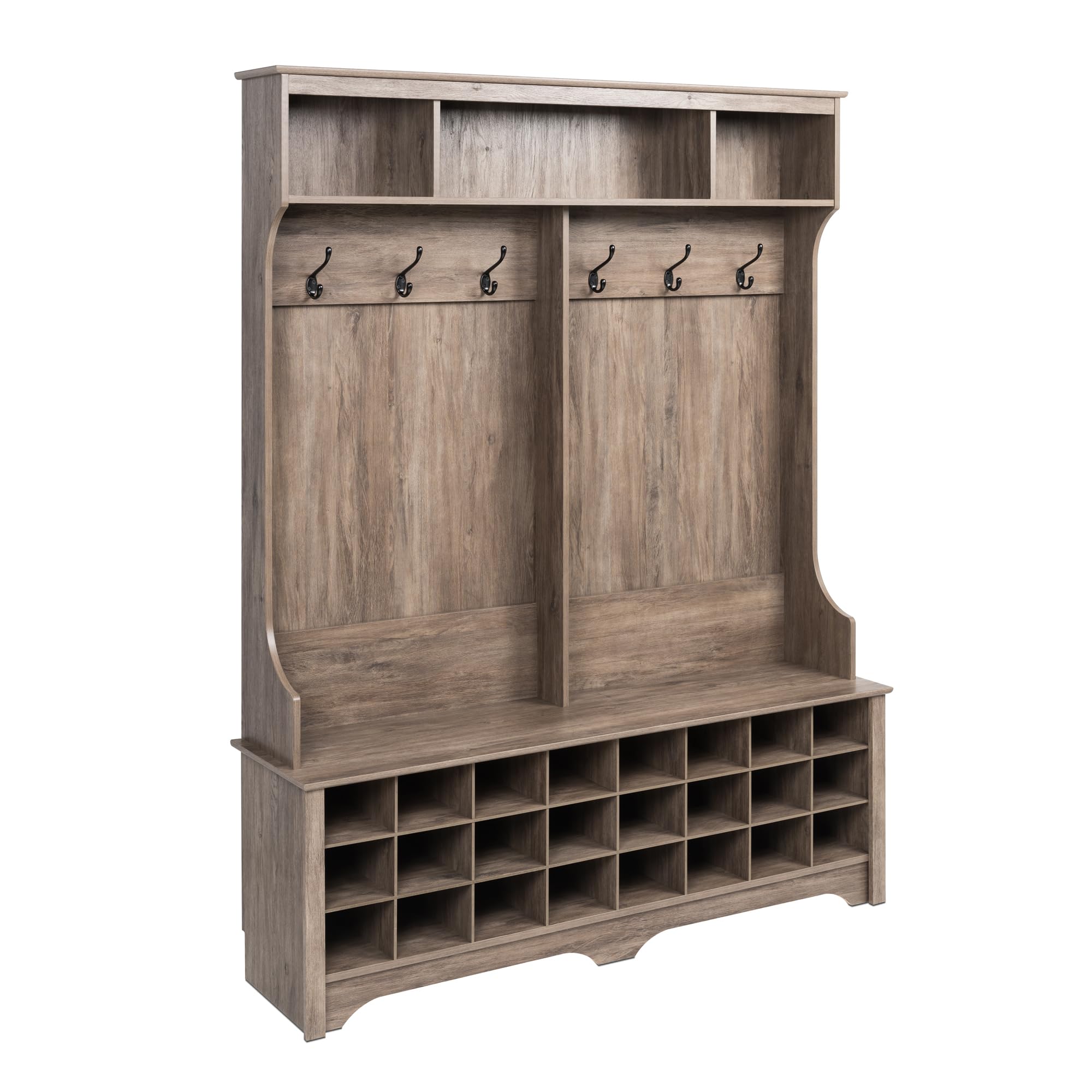 Prepac Gray Hall Tree Entryway Storage Cabinet - 24 Shoe Cubbies & 6 Double Coat Hooks - 15.5