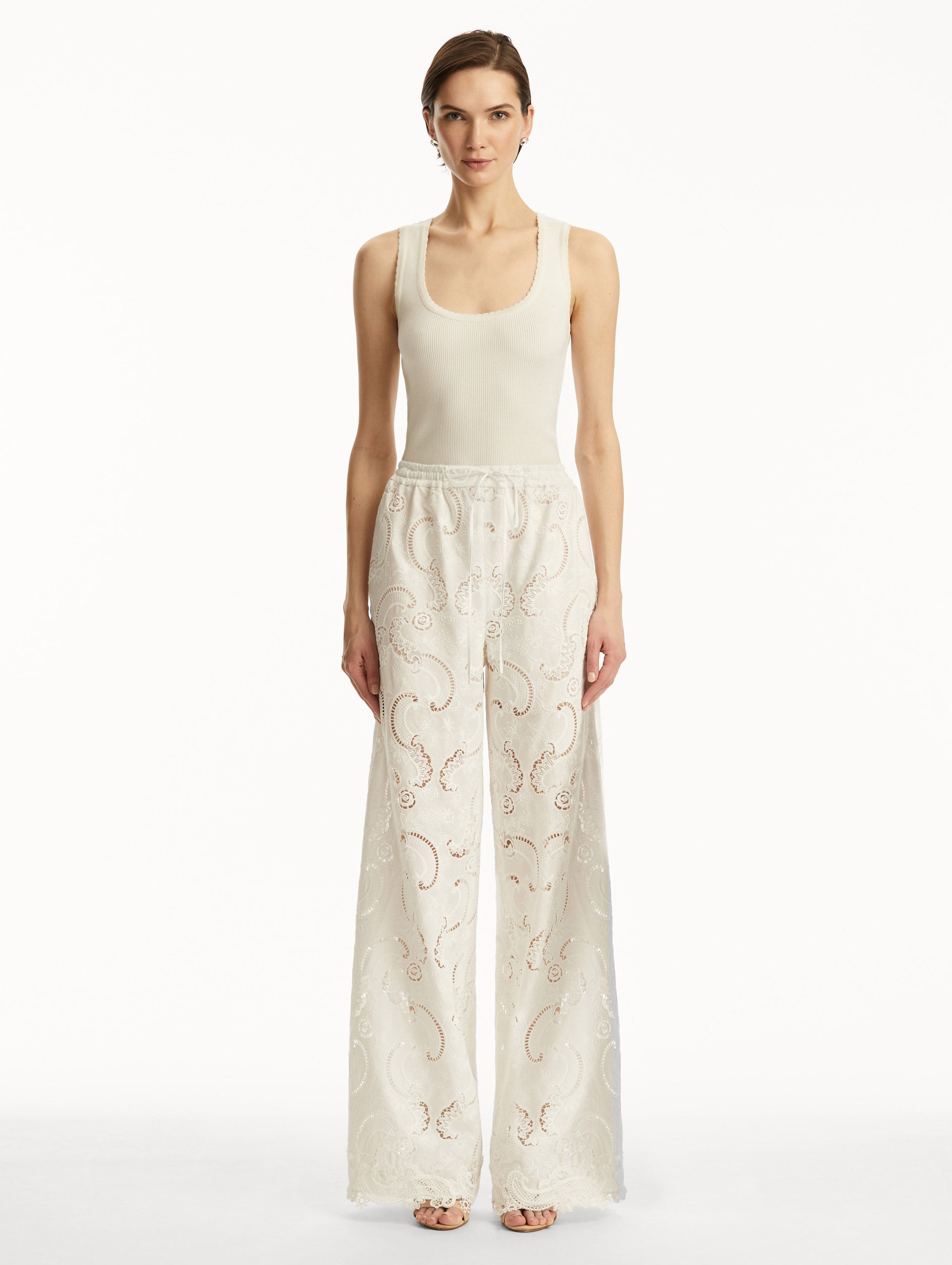 Elegant Scroll Guipure Wide Leg Pants for Women - High Waist Flowy Palazzo Trousers - Perfect for Office, Party & Special Occasions
