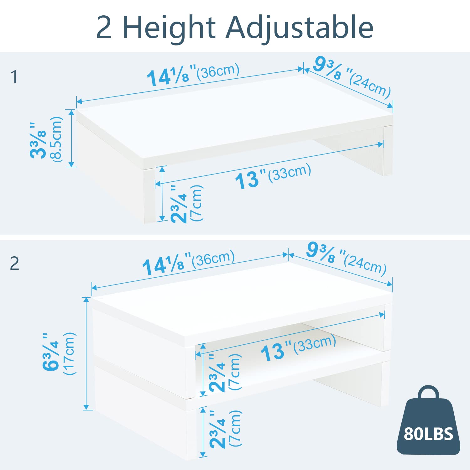 TEAMIX 2-Pack White Wooden Monitor Stand Riser - Adjustable 2-Tier Dual Monitor & Laptop Desk Organizer for Home & Office Workspace