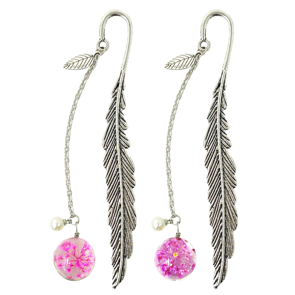 Allydrew Metal Leaf Bookmark with Charm - Elegant Book Accessories for Book Lovers & Readers (Set of 2, Purple & Pink) - Perfect Gift for Bookworms, Reading Enthusiasts & Students