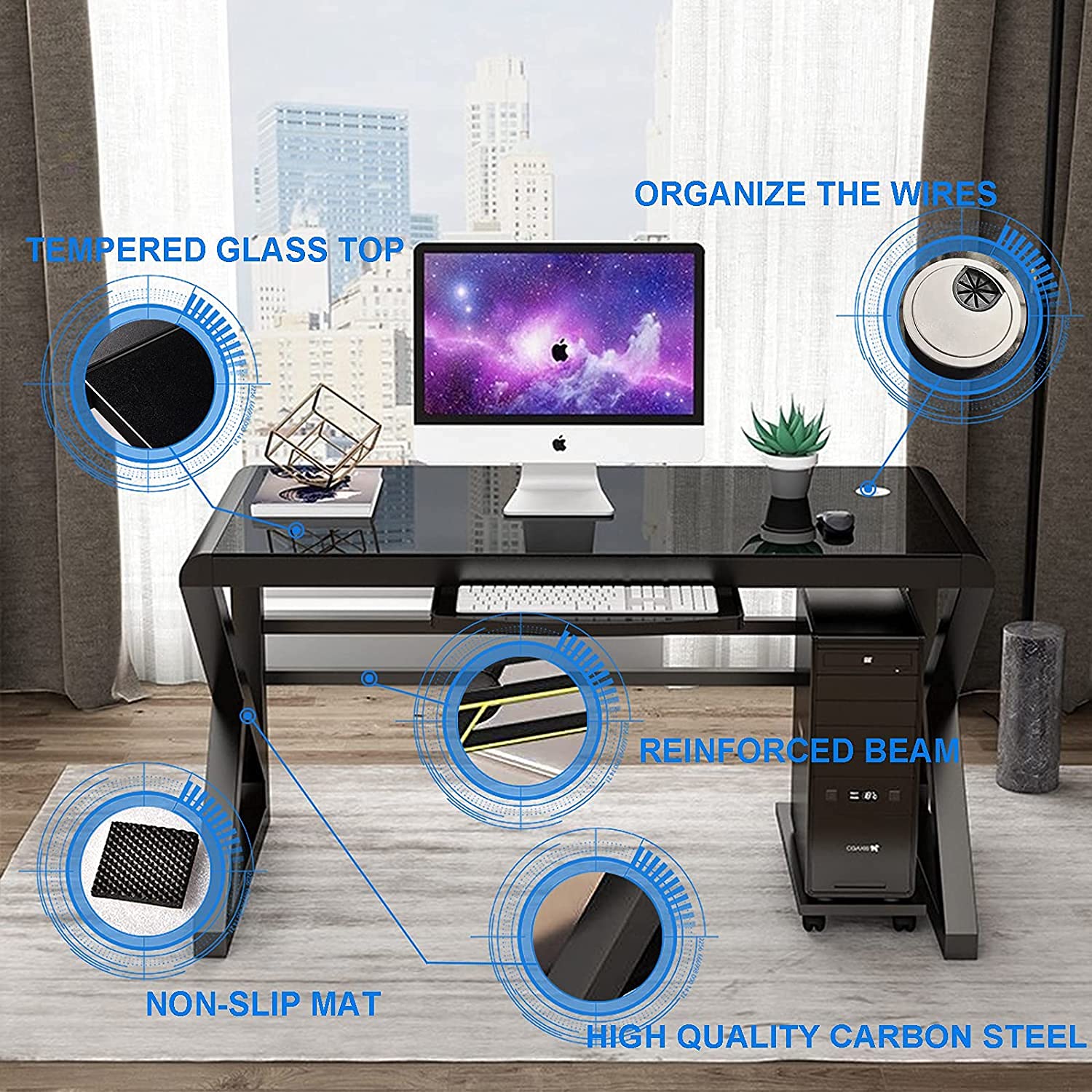 SAMERY 55.1 Inch Modern Black Glass Computer Desk - Home Office, Study, Gaming & Writing Table with Fashion Strength Tempered Glass for Laptop & Office Use