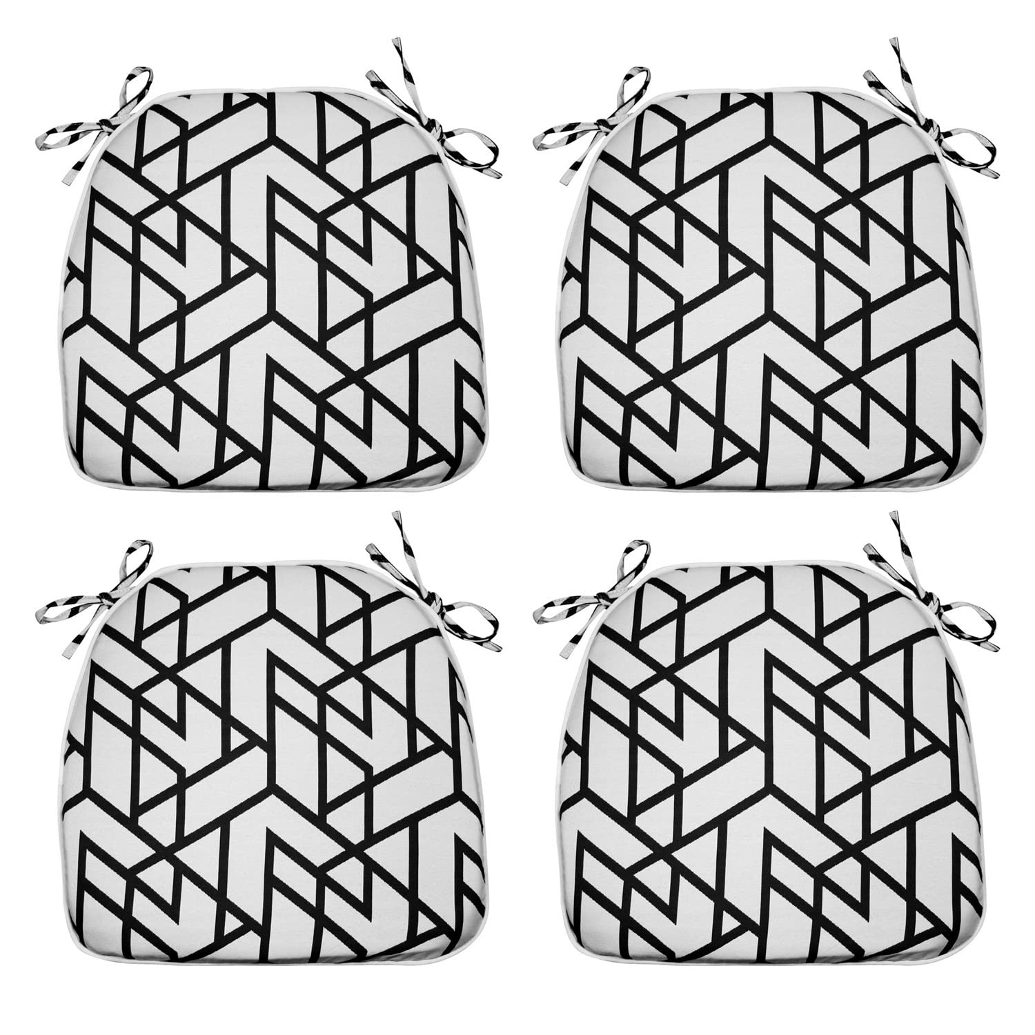 4 Pack Outdoor Seat Cushions with Ties - 16x17 Inch Black Geometric U-Shaped Chair Pads for Patio Furniture, Garden, Home & Office - Waterproof & Comfortable for Outdoor Dining, Lounging & Relaxation