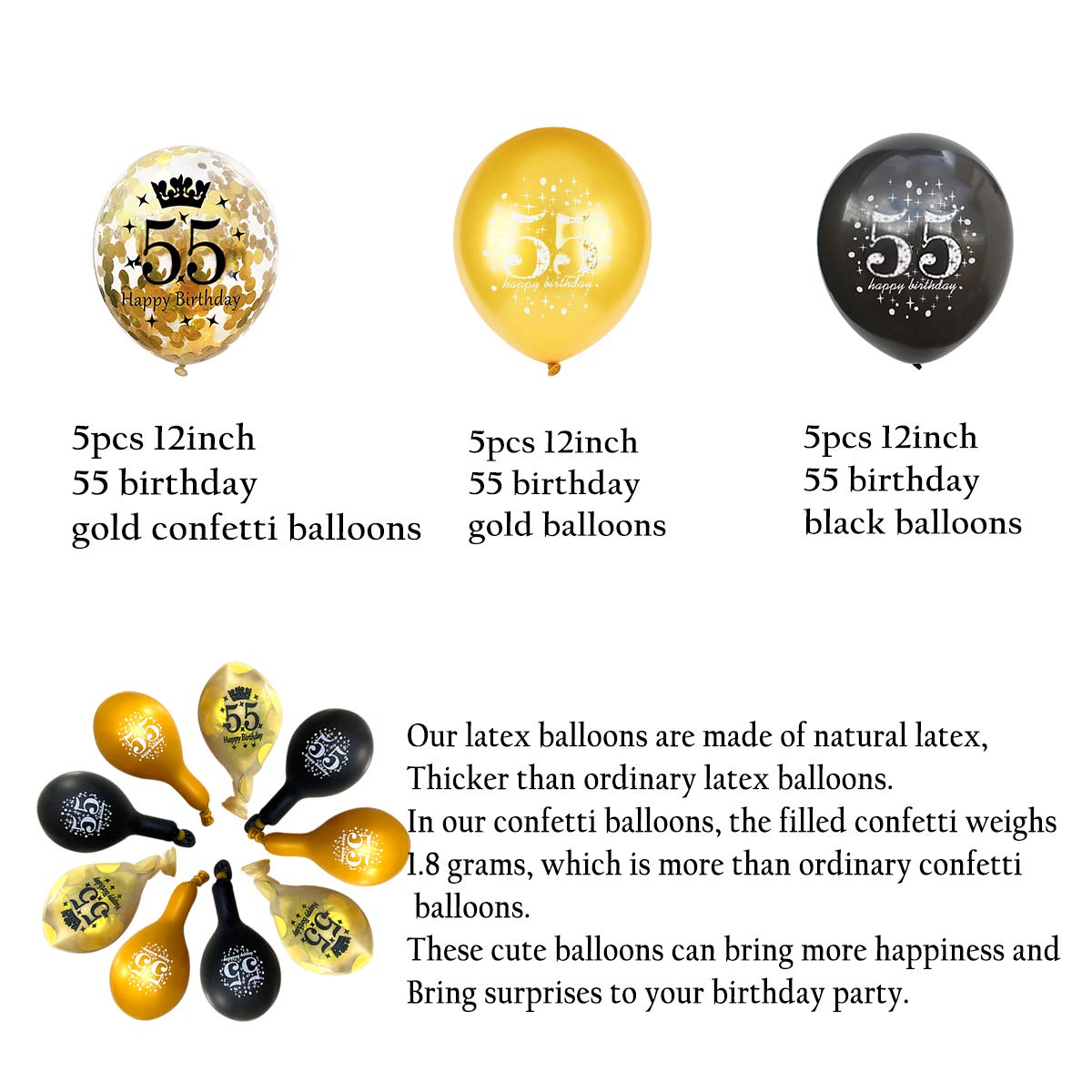 Jonhamwelbor 55th Birthday Balloons - 15pcs 12 Inch Black Gold Confetti Printed Number Balloons for Men & Women - Perfect for Birthday Party Decorations, Anniversary Celebrations & Milestone Events