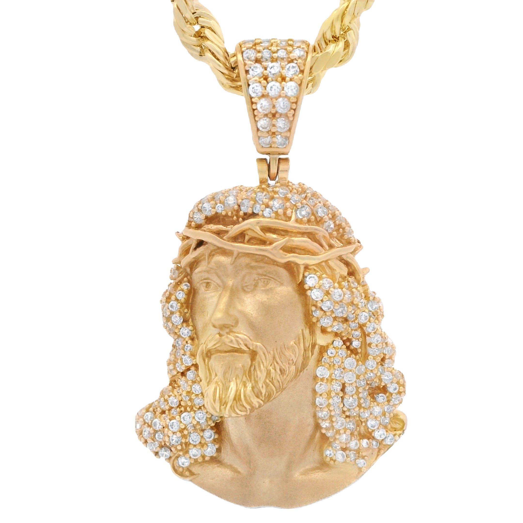 14K Gold Jesus Face CZ Pendant with Hollow Rope Chain (3.5mm 24 Inches) - Religious Jewelry for Men & Women - Perfect for Church, Gifts & Everyday Wear