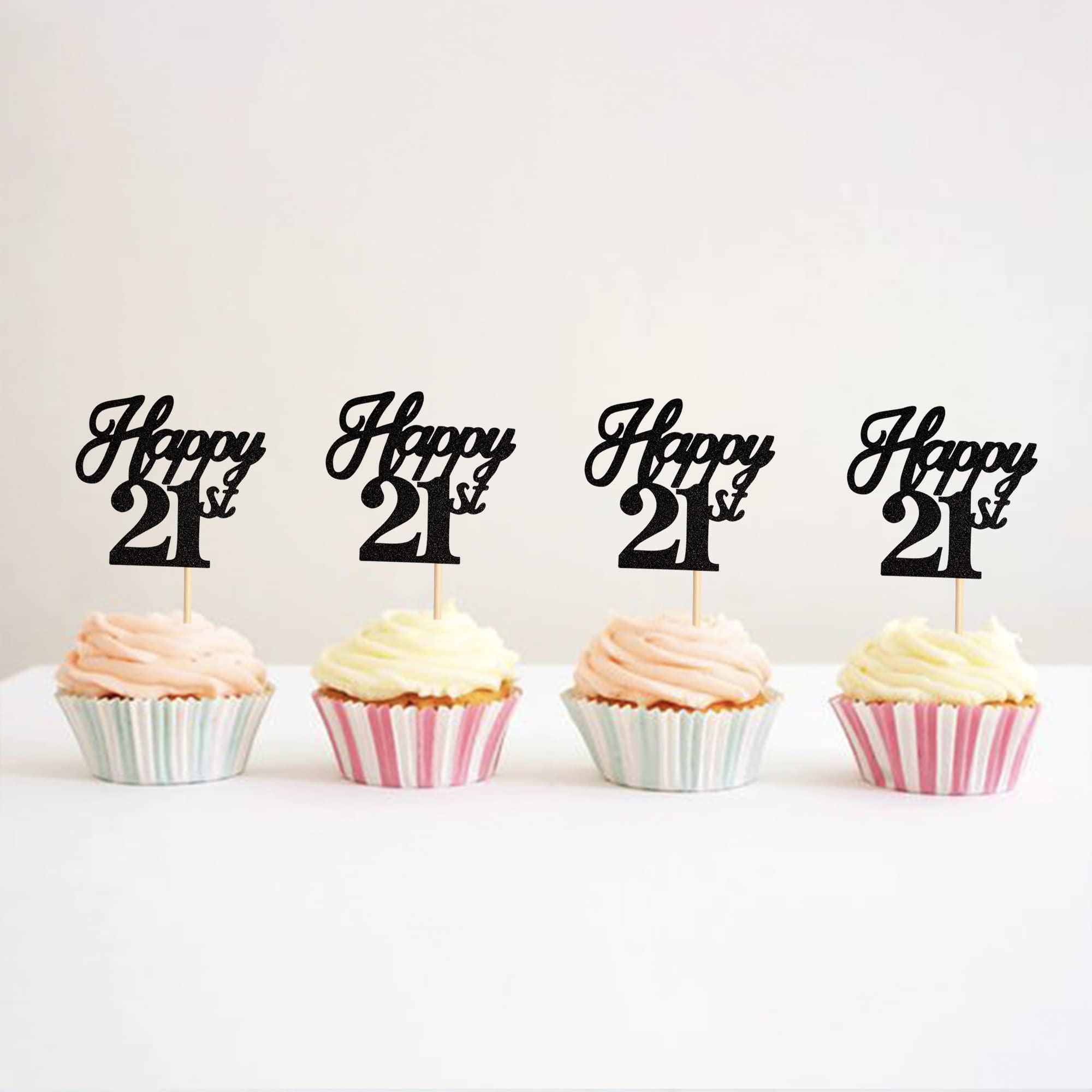Ercadio 24 Pack Happy 21st Birthday Cupcake Toppers - Black Glitter 21st Cupcake Picks, Cheers to 21 Cake Decorations for Birthday, Wedding & Anniversary Parties - Perfect for Milestone Celebrations & Festive Dessert Displays