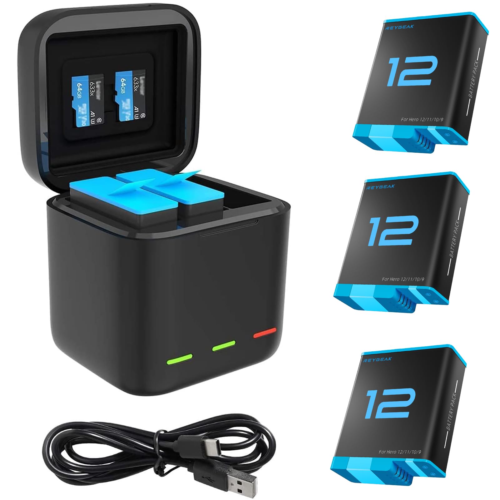 REYGEAK 3-Channel Portable Battery Charger with 3 Rechargeable Batteries for GoPro Hero 12/11/10/9 Black - Fast Charging Storage Case for Travel, Vlogging & Outdoor Adventures