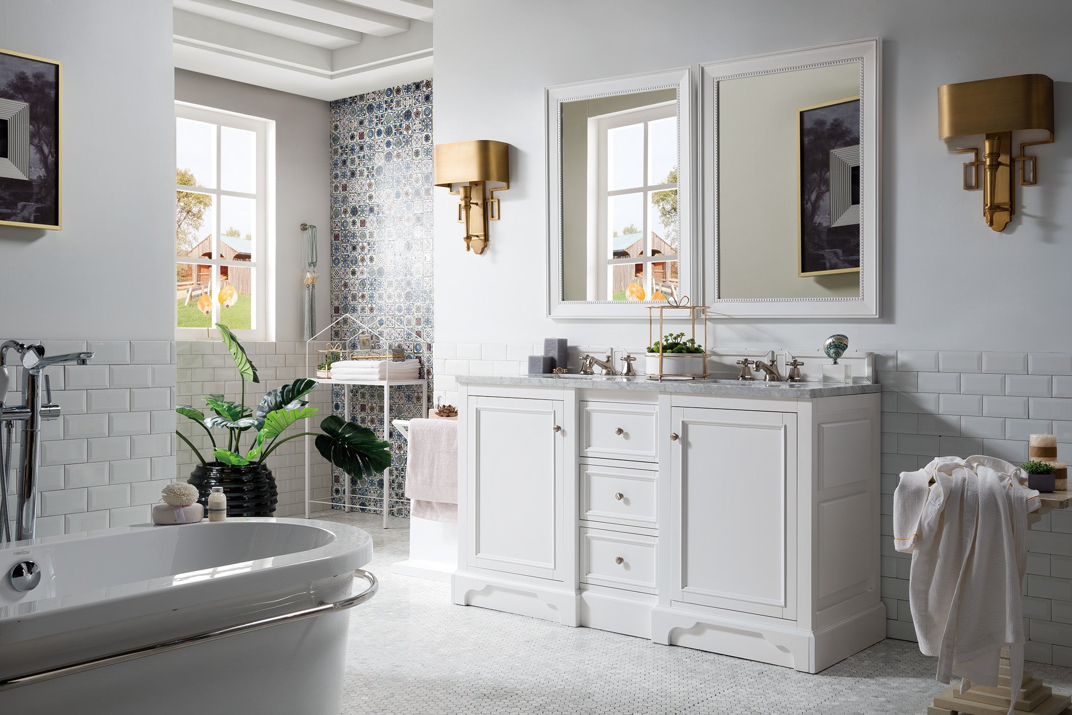 De Soto 60 Inch Double Vanity with Carrara Marble Top - Bright White Bathroom Vanity for Modern Homes | Perfect for Master Bathrooms & Guest Suites