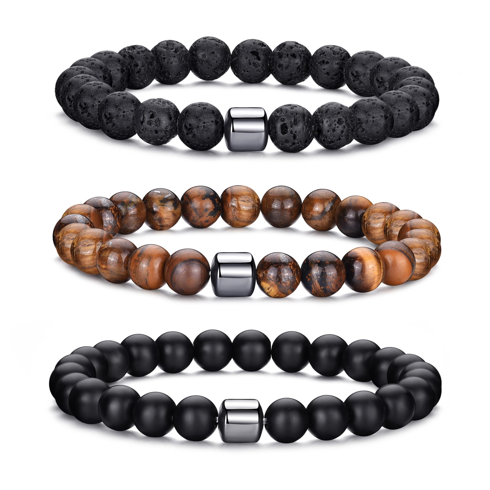 MOROTOLE Men's Beaded Bracelet Set - 8MM Natural Tiger Eye Stone & Lava Rock Stretch Bracelet with Black Crystal Beads - Adjustable for Wrist Sizes - Perfect Gift for Men, Father, Boyfriend, Brother - Ideal for Casual Wear, Office, and Outdoor Adventures
