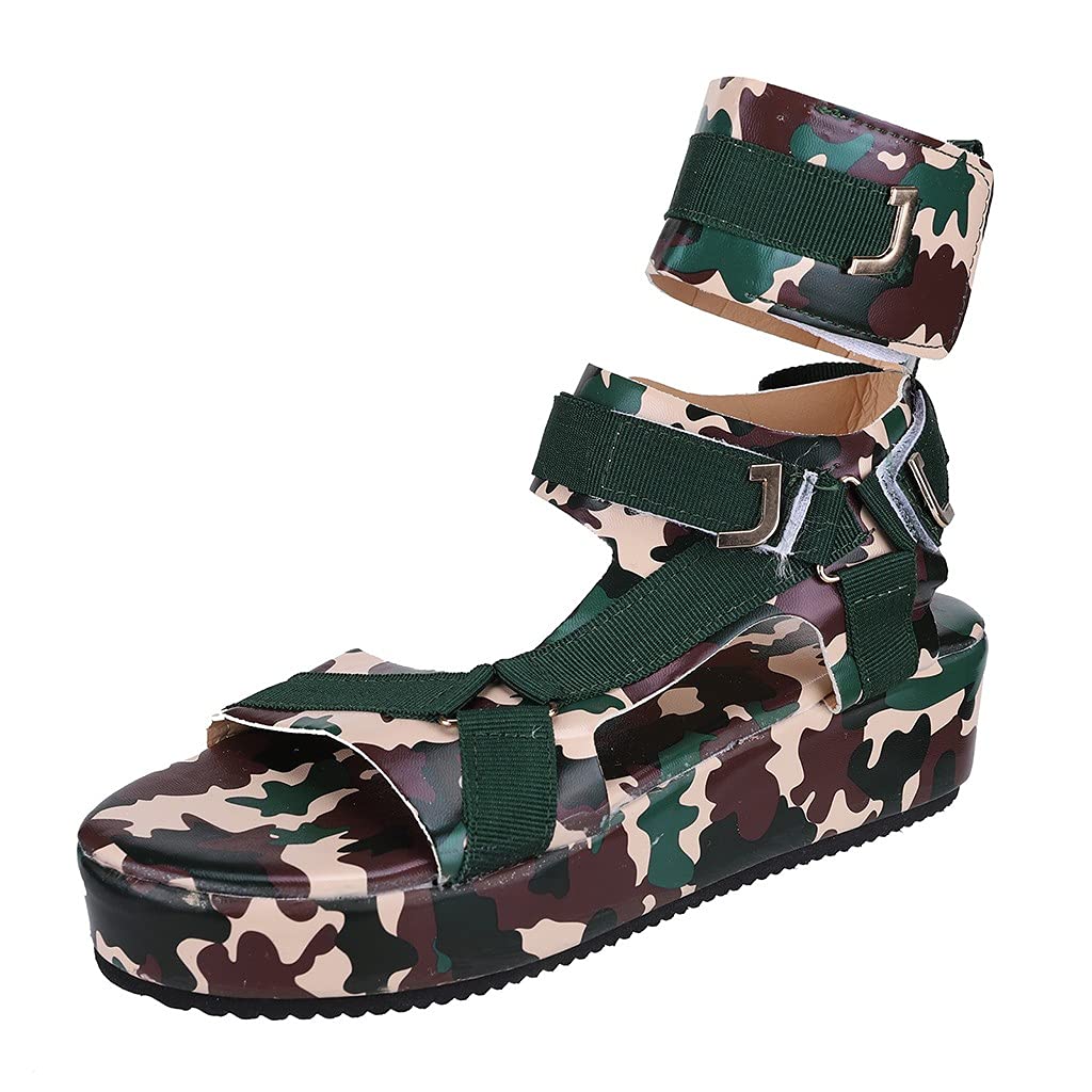 Women's Fashionable Camouflage Elastic Dress Sandals - Open Toe Platform Strap Flats for Summer, Beach, and Casual Outings