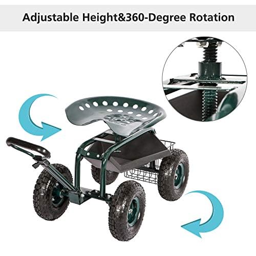 KINTNESS Heavy Duty Garden Cart Wagon with Swivel Seat, Extendable Handle & Utility Basket - Foldable Outdoor Utility Cart for Gardening, Yard Work, Camping, Picnics (Green)