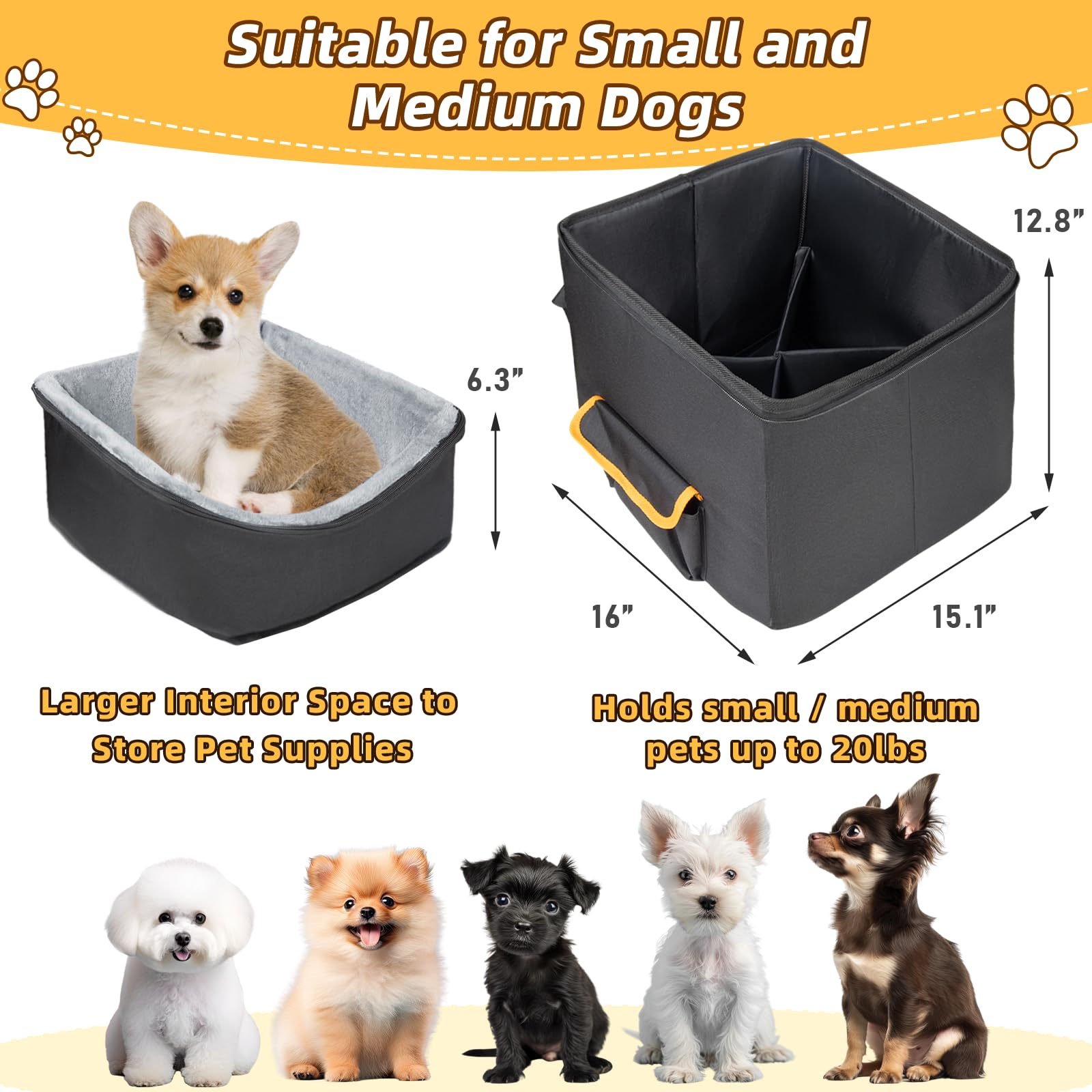 JJRING Elevated Dog Car Seat for Small Dogs - Washable & Detachable Pet Booster Seat, Black - Perfect for Safe & Comfortable Car Travel with Your Puppy