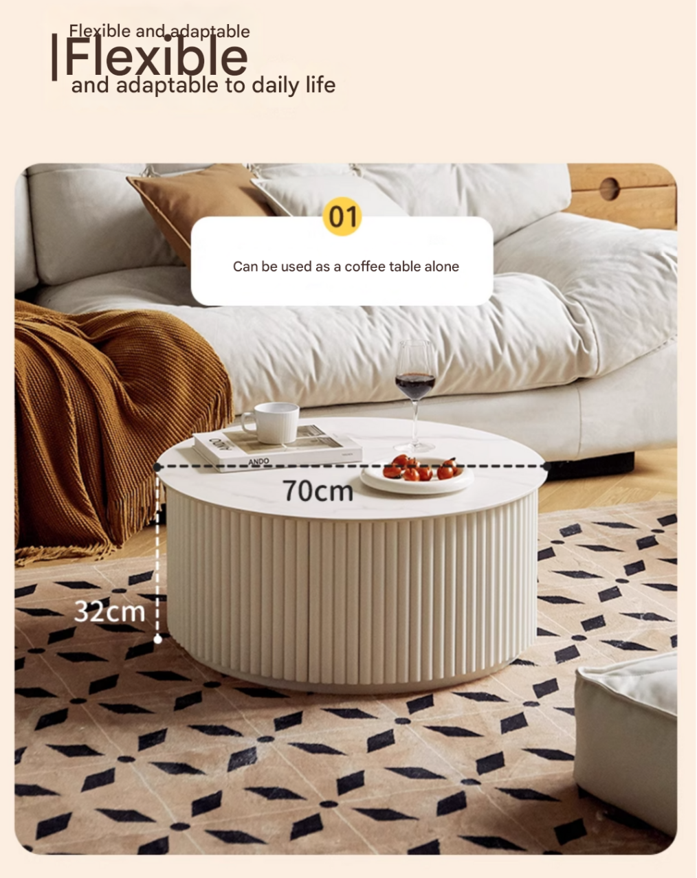 Birch Solid Wood Cream Style Rock Plate Coffee Table - Modern Scandinavian Living Room Furniture for Small Spaces, Home Decor, and Cozy Gatherings