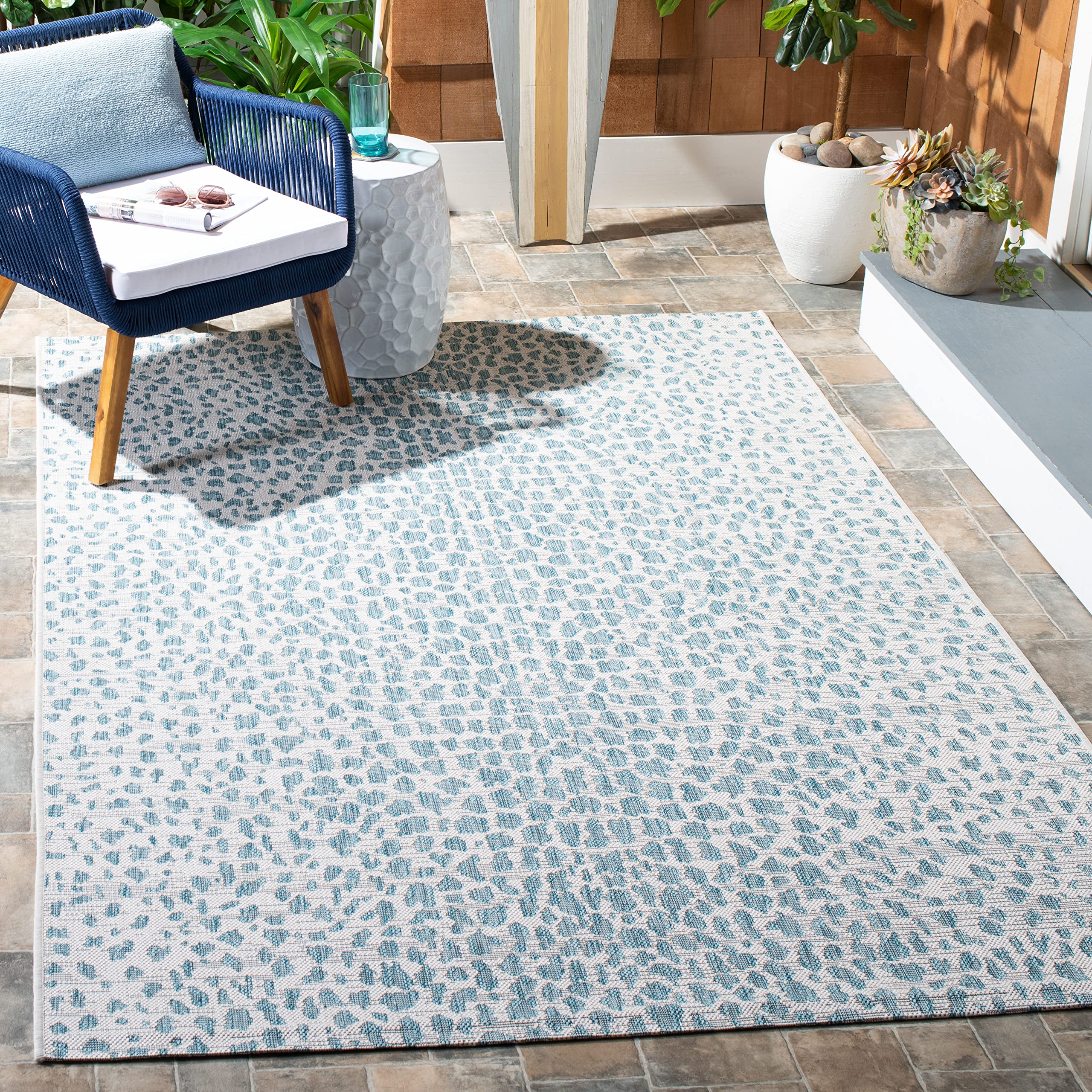 SAFAVIEH Courtyard Collection 8' x 10' Ivory/Aqua Indoor Outdoor Waterproof Rug - Easy to Clean, Stain Resistant for Patio, Backyard, Mudroom, Deck & Poolside Use (CY8444)