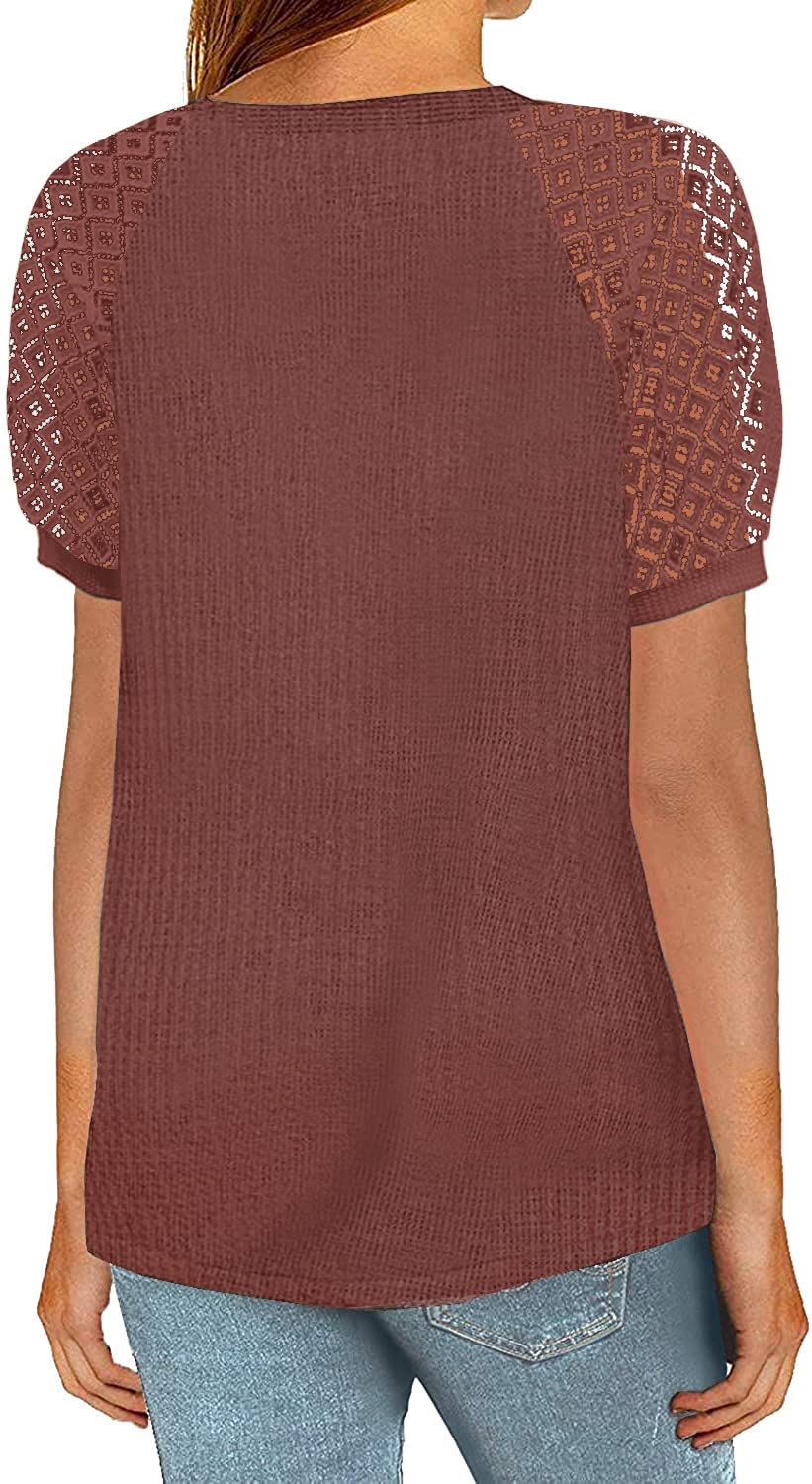 Women's Lace Patchwork Blouse - Short & Long Sleeve Waffle Knit Tunic Top with Crew Neck | Casual Loose Puff Tee Shirt for Work, Date Night & Everyday Wear