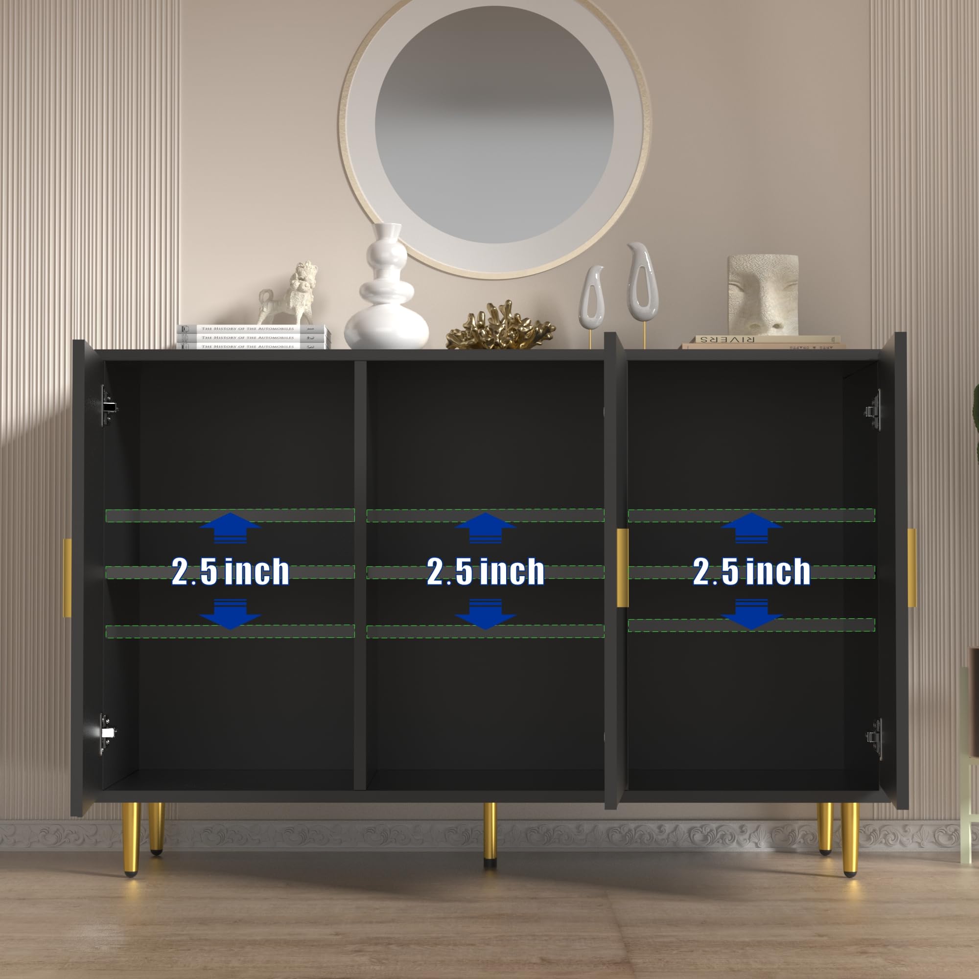 Black Sideboard Buffet Cabinet - 3-Door Accent Coffee Bar Cabinet for Entryway, Living Room, Kitchen & Hallway - Perfect for Storage, Display & Serving Drinks