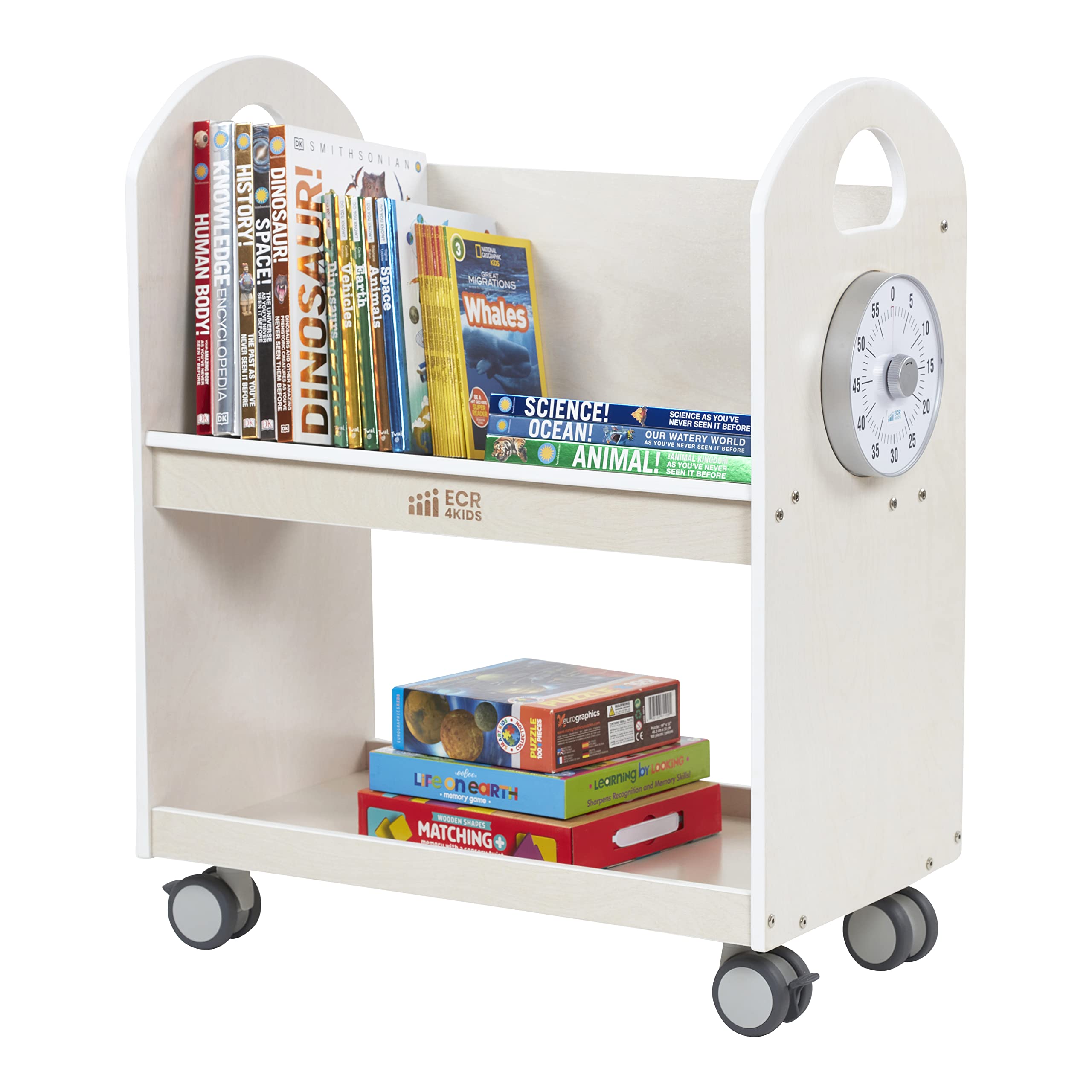 ECR4Kids Mobile Book Cart with Countdown Timer - Rolling Classroom Bookshelf Organizer for Teachers - White Wash Finish - Perfect for School Libraries, Preschools & Homeschooling