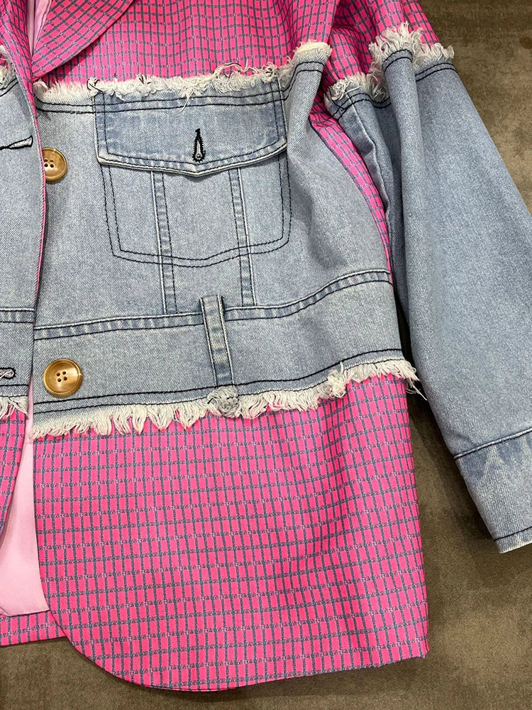 Women's Colorblock Patchwork Denim Jacket - Long Sleeve Lapel Casual Coat for Fall Fashion | Perfect for Autumn Outfits, Date Nights & Casual Street Style