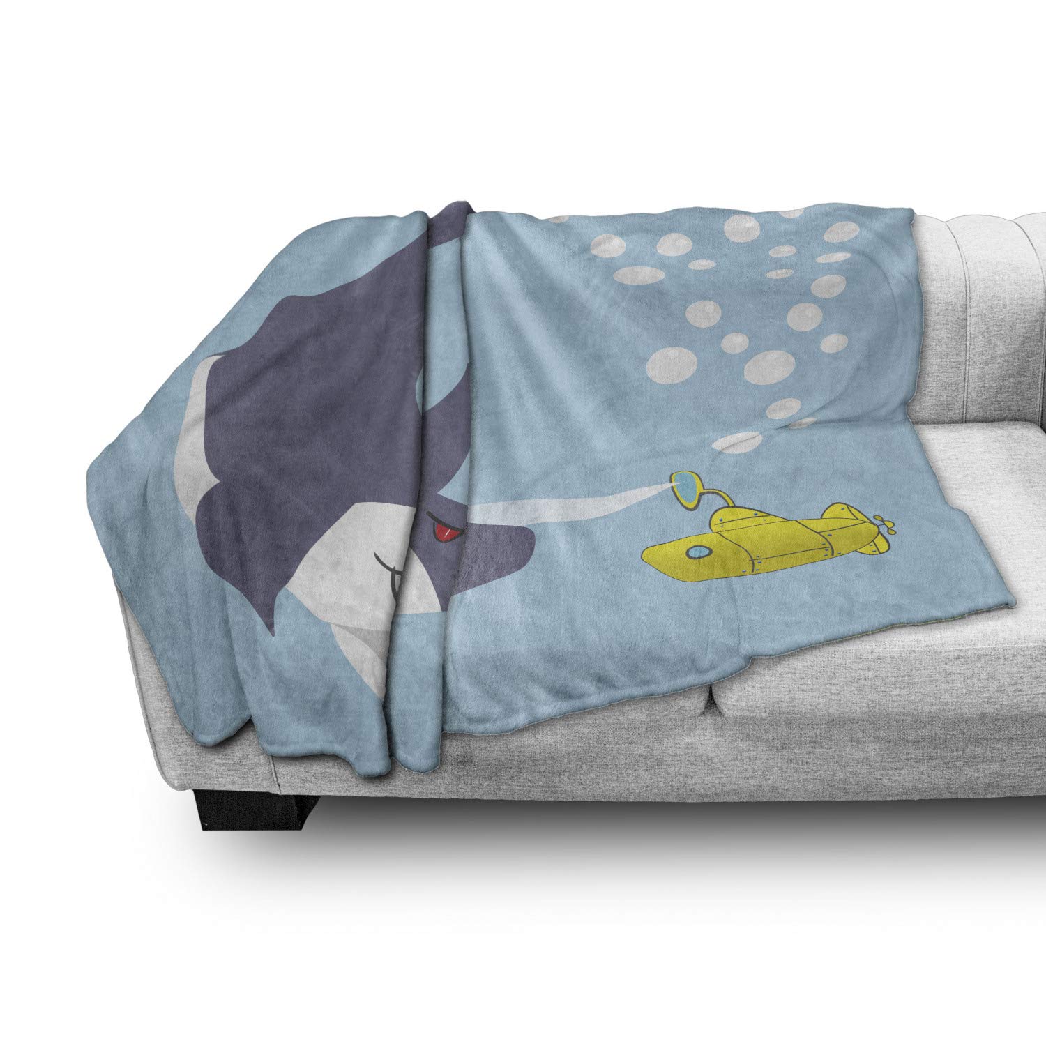 Ambesonne Yellow Submarine Fleece Throw Blanket - Shark & Vessel Ocean Bubbles Underwater Cartoon Design - 50x70 Inch Soft Flannel Couch Cover for Adults in Blue Grey Yellow - Perfect for Living Room Decor, Movie Nights & Cozy Winter Evenings