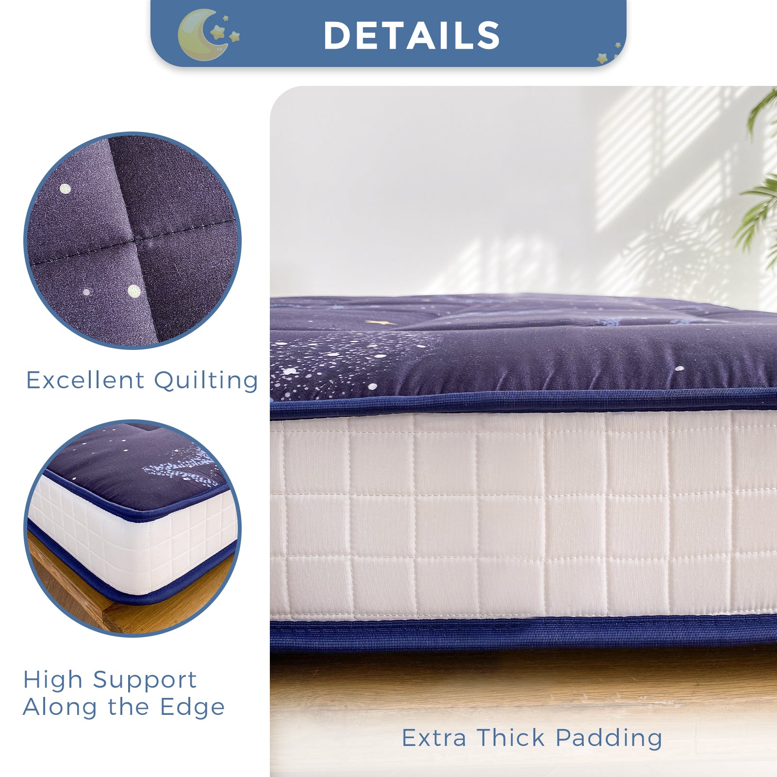 MAXYOYO 6-Inch Extra Thick Futon Mattress - Japanese Floor Mattress with Moon Star Pattern, Tatami Style Sleeping Pad for Guest Bed, Dorm Room, Camping & Home Decor