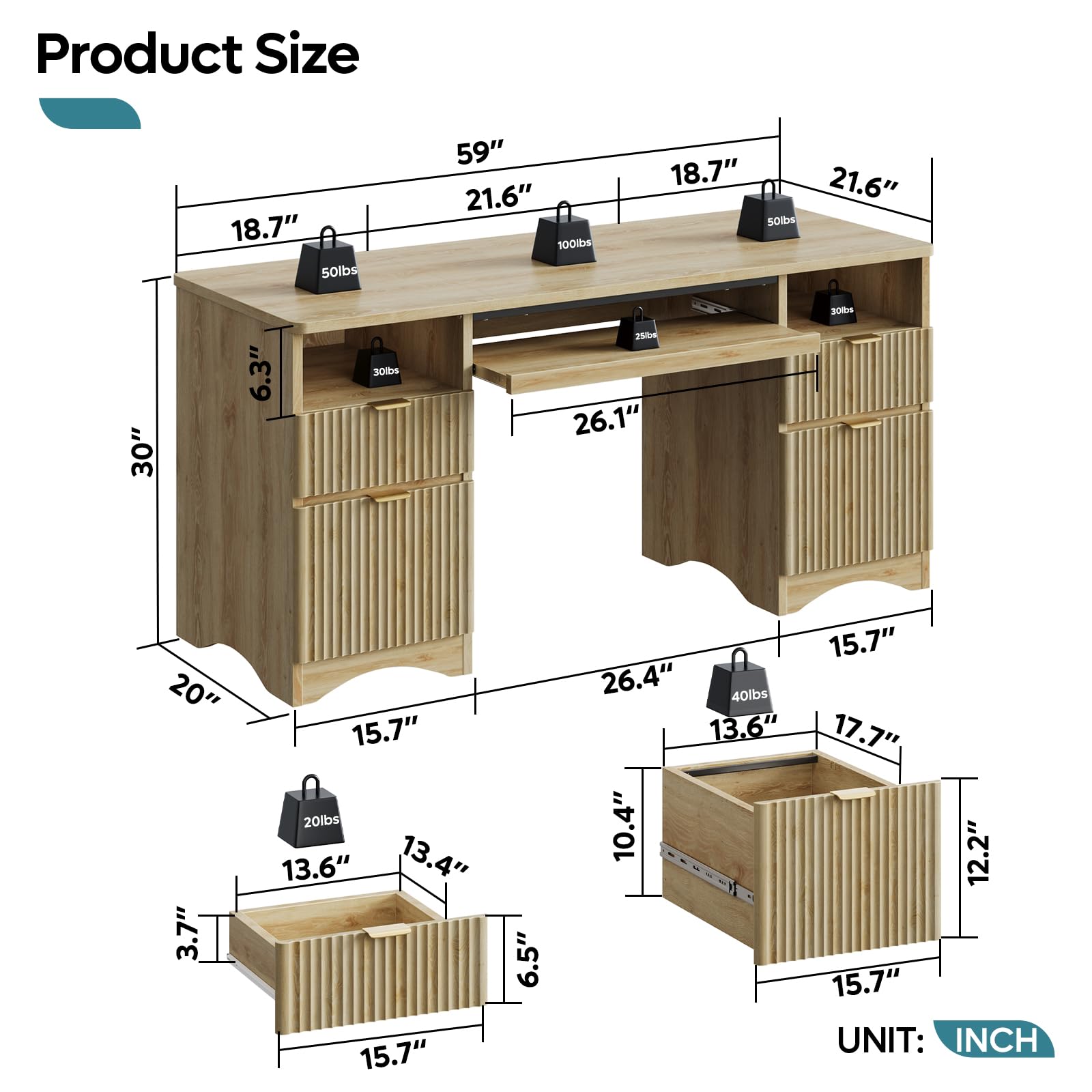 Bestier 59 Inch Computer Desk with Keyboard Tray & 4 Drawers - Modern Home Office Desk with File Storage (Natural Oak) - Perfect for Small Spaces, Gaming & Remote Work Setup