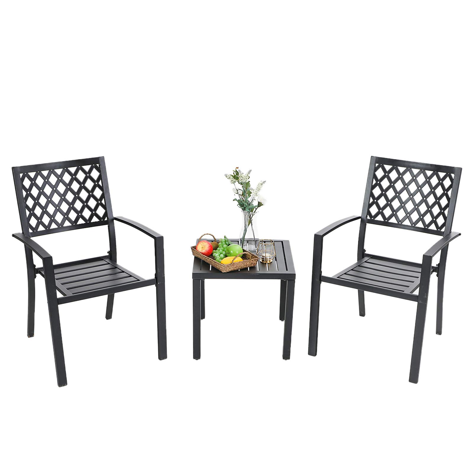 MFSTUDIO 3-Piece Black Metal Patio Bistro Set - Outdoor Dining Furniture with 2 Wrought Iron Chairs & Coffee Table - Perfect for Garden, Balcony, Backyard, and Poolside Relaxation