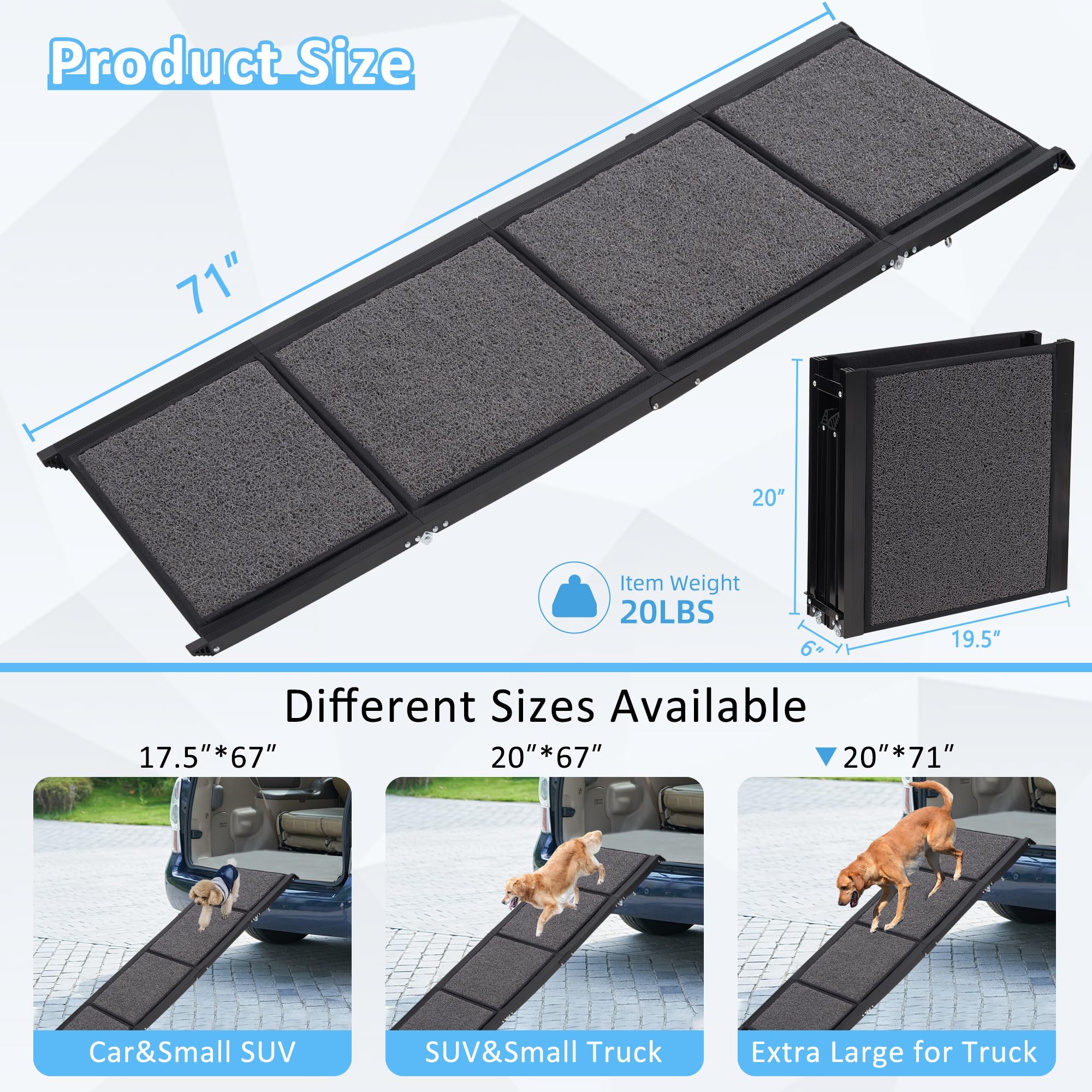 HABUTWAY Extra Wide Dog Ramp for Cars - 250LBS Capacity, 71''L x 20''W Portable Folding Pet Ramp for Large Dogs, Non-Slip SUV & Truck Dog Steps for Medium to Large Breeds | Perfect for Travel, Vet Visits & Home Use