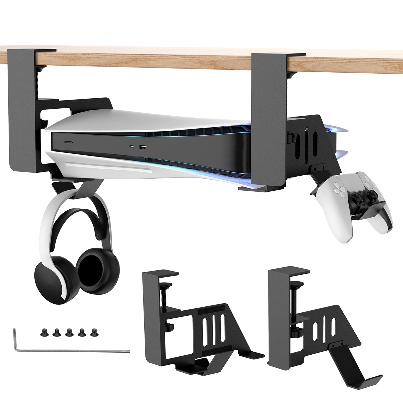 Non-Drill Under Desk Mount for PS5 & PS5 Slim - Heavy Duty Metal Gaming Console Holder with Hooks for PS5 Disc/Digital Edition - Perfect for Home Office, Gaming Room & Space-Saving Setup