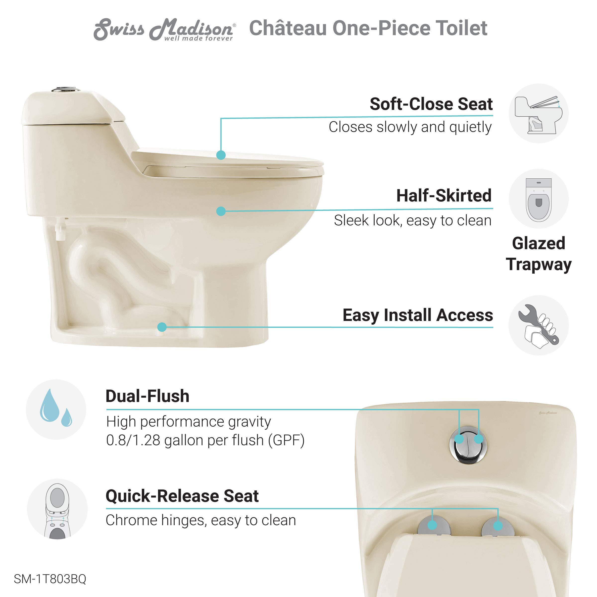 Swiss Madison SM-1T803BQ Chateau One Piece Elongated Dual Flush Toilet 0.8/1.28 GPF - Water Efficient Bisque Toilet for Modern Bathrooms | Perfect for Home Renovation & Small Bathroom Spaces