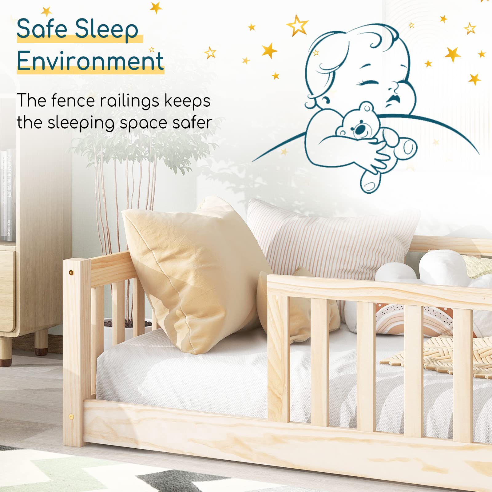 **Montessori Twin Floor Bed with Safety Guardrails & Slats - Kids Wood Bed Frame for Boys & Girls - Low Profile Toddler Bed for Safe Sleep & Play - Perfect for Montessori Rooms, Daycare, or Nursery**