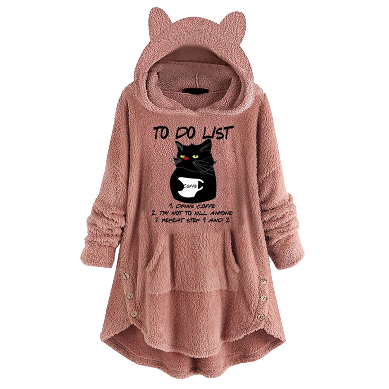 Women's Long Sleeve Cat Ear Hoodie - Soft Fleece Loose Fit Pullover with Button Pocket & Print Design - Cute Pink Hooded Sweatshirt Dresses for Casual Wear, Street Style & Winter Outfits