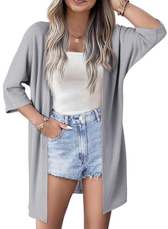 SHEWIN Women's Lightweight 3/4 Sleeve Open Front Waffle Knit Cardigan Sweater - Casual Kimono Style Cover Up for Spring & Fall | Perfect for Office, Date Night and Weekend Outfits