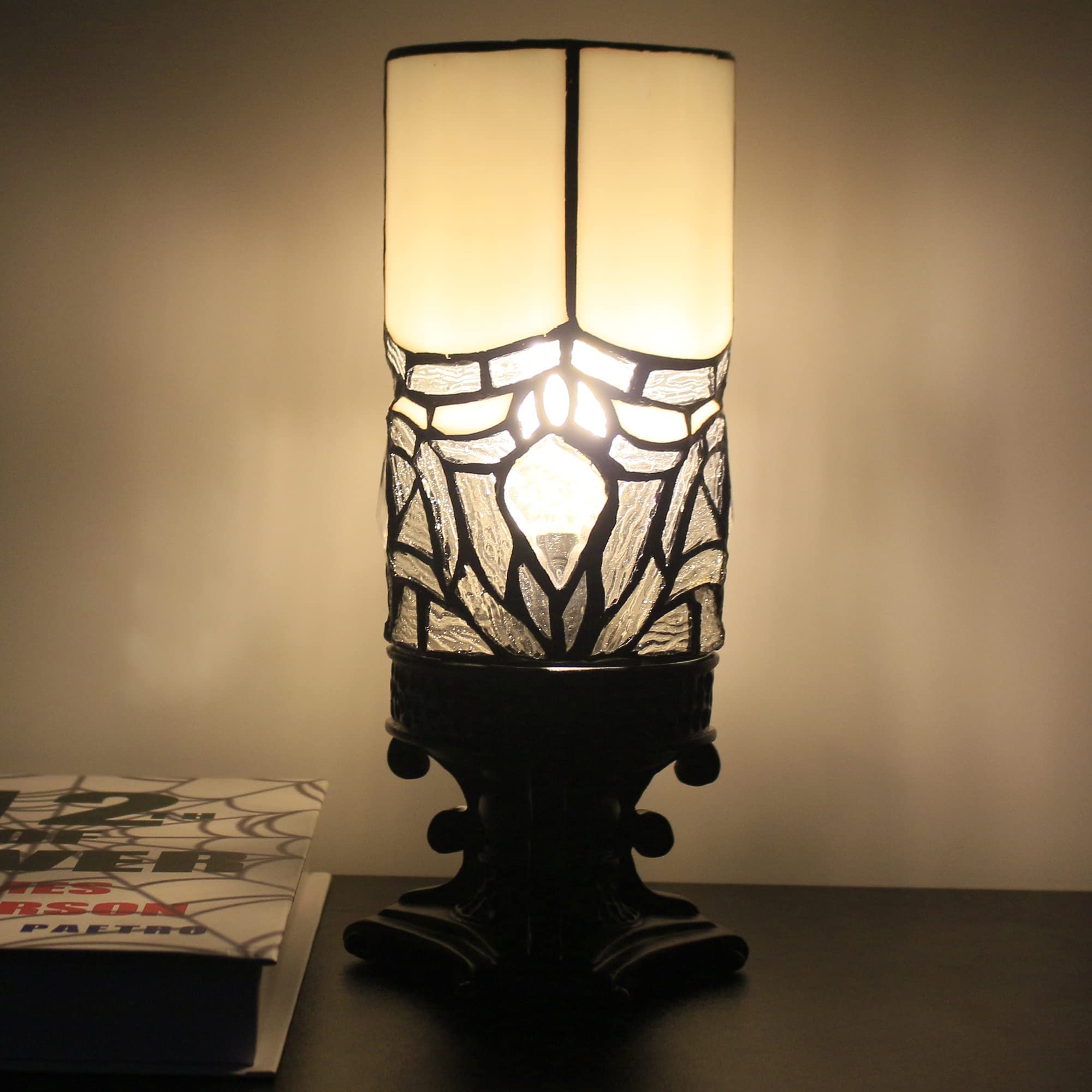 Vintage Tiffany Style Table Lamp - 10 Inch Mini Stained Glass Desk Lamp with White Shade for Bedroom, Living Room & Office Decor - Candle-Type Accent Lighting (4